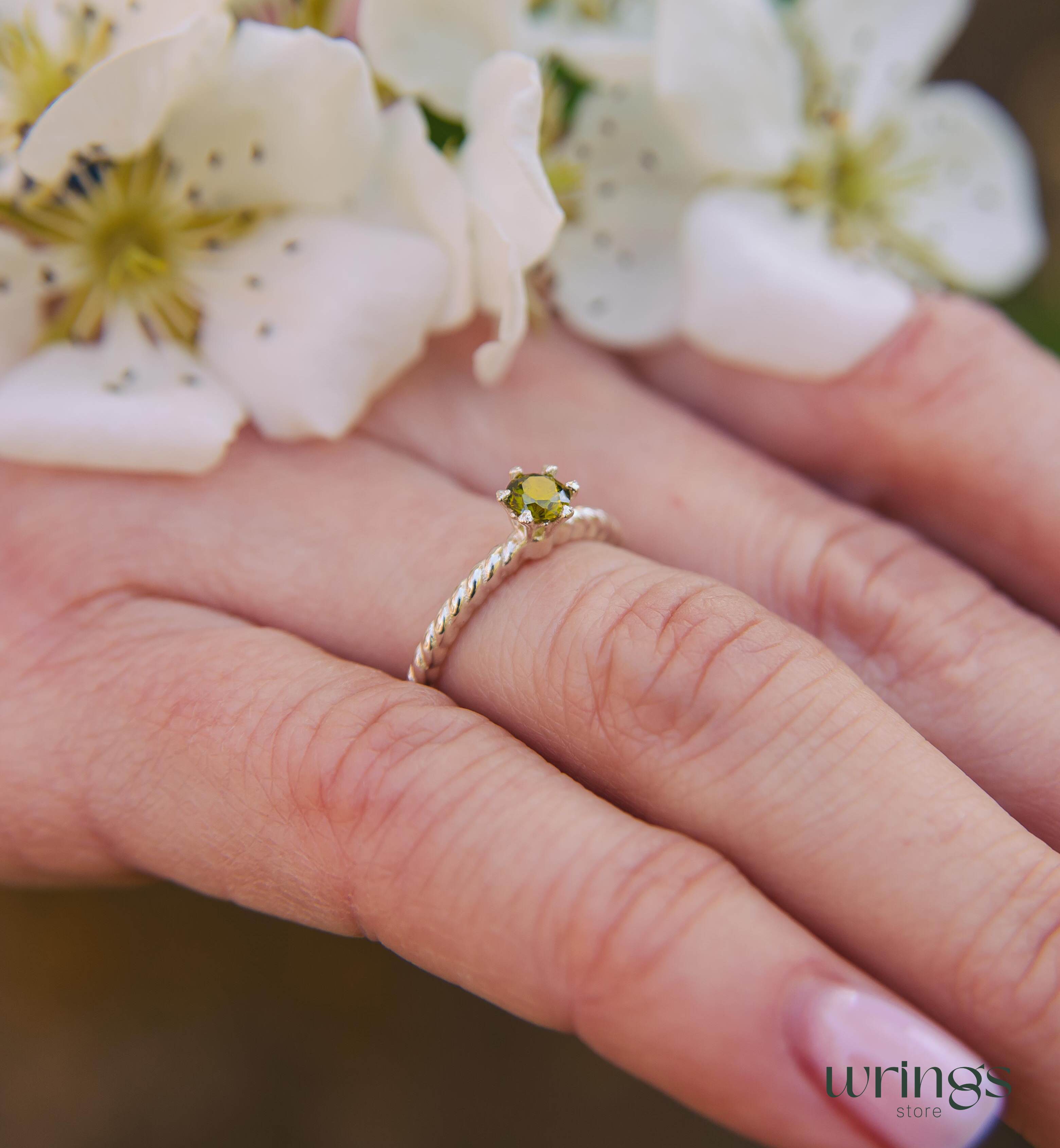 Solitaire Peridot Engagement Ring Silver Rope Band