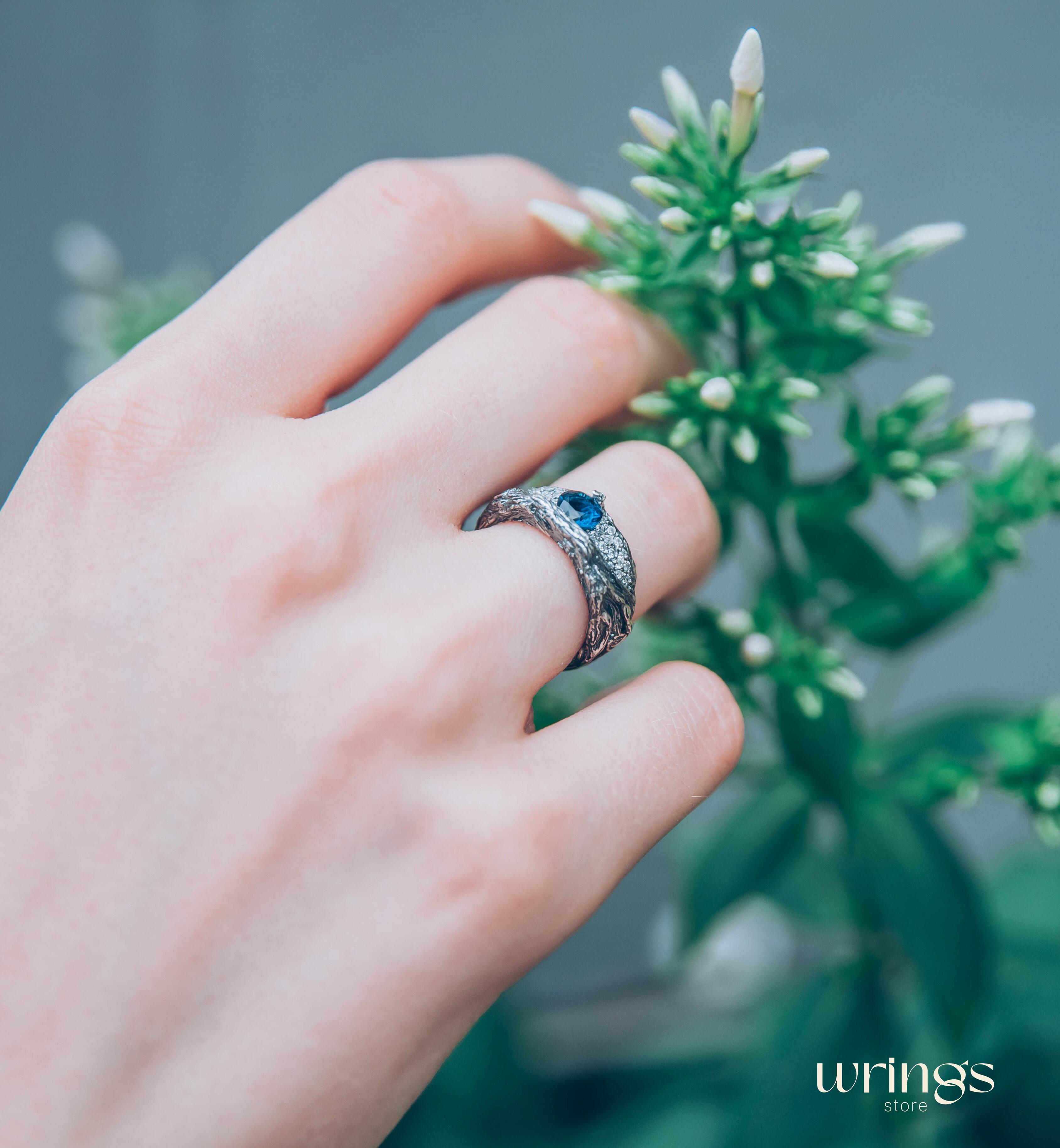 Chunky Silver Branch & Sapphire Ring adorned with CZ Accents