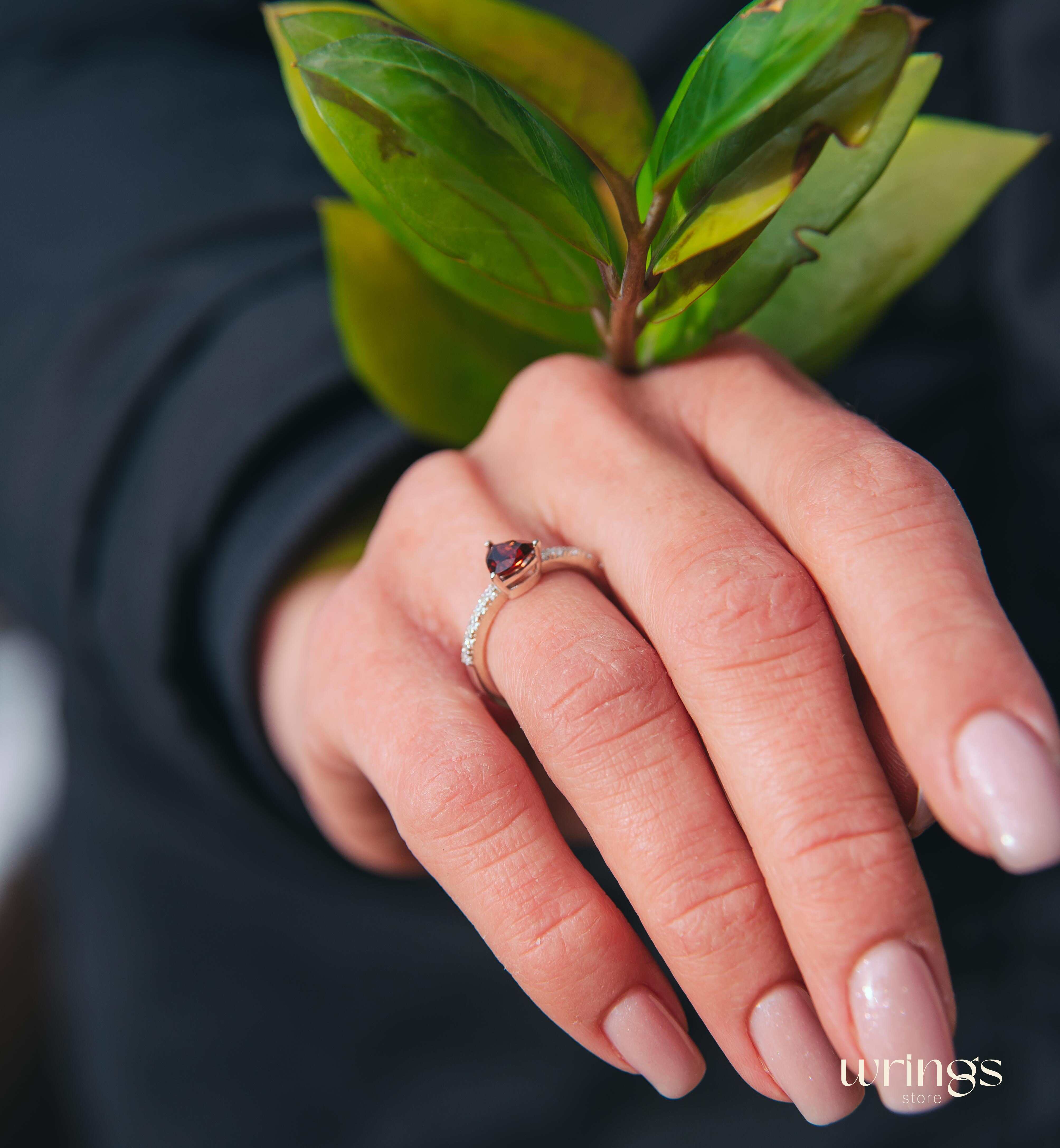 Trilliant Garnet Engagement Ring Silver & Side CZ Stones