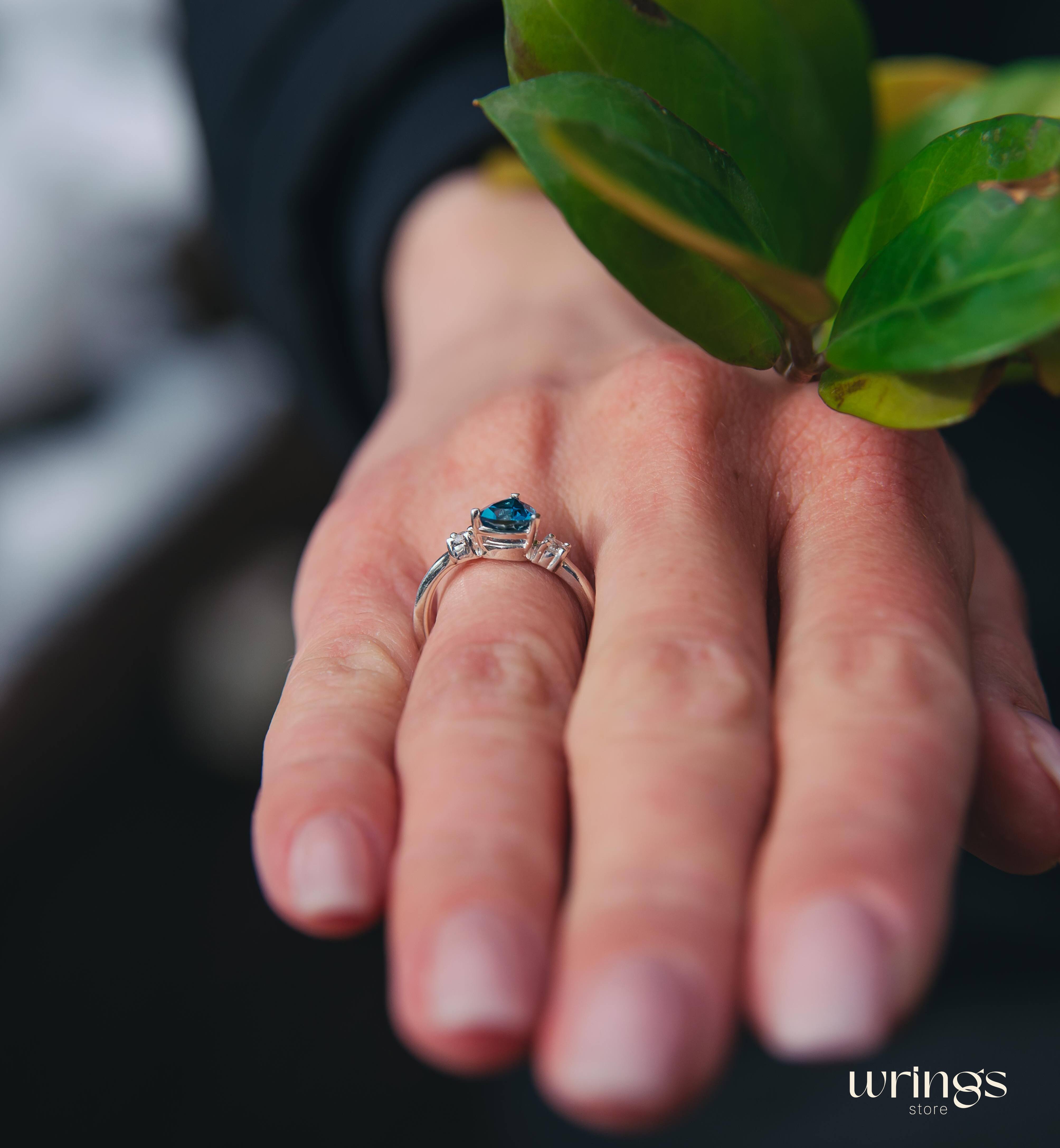 Shiny Trillion Topaz Silver 3 Stone Engagement Ring