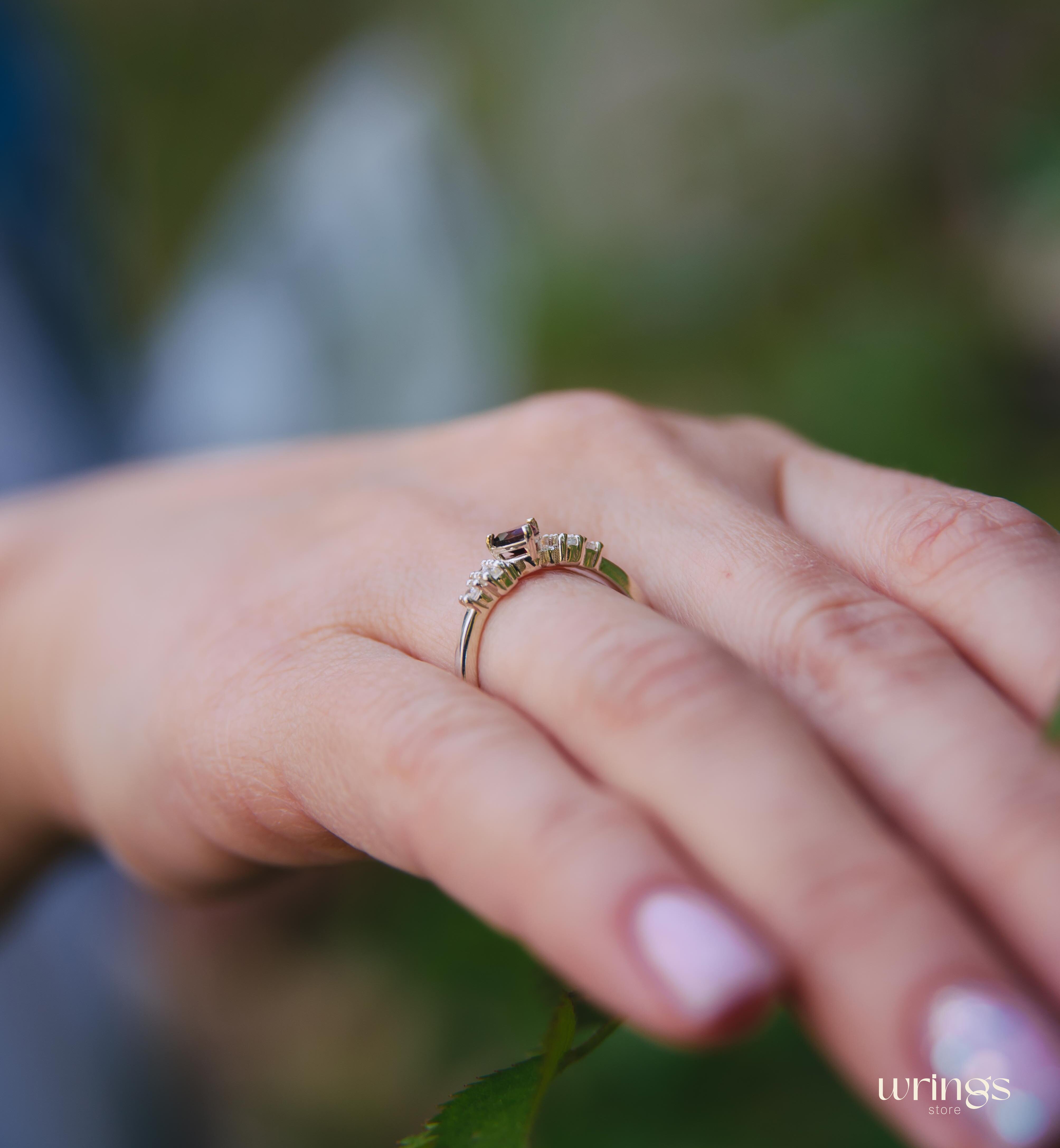 Silver Cluster Engagement Ring Trillion Garnet center & CZ