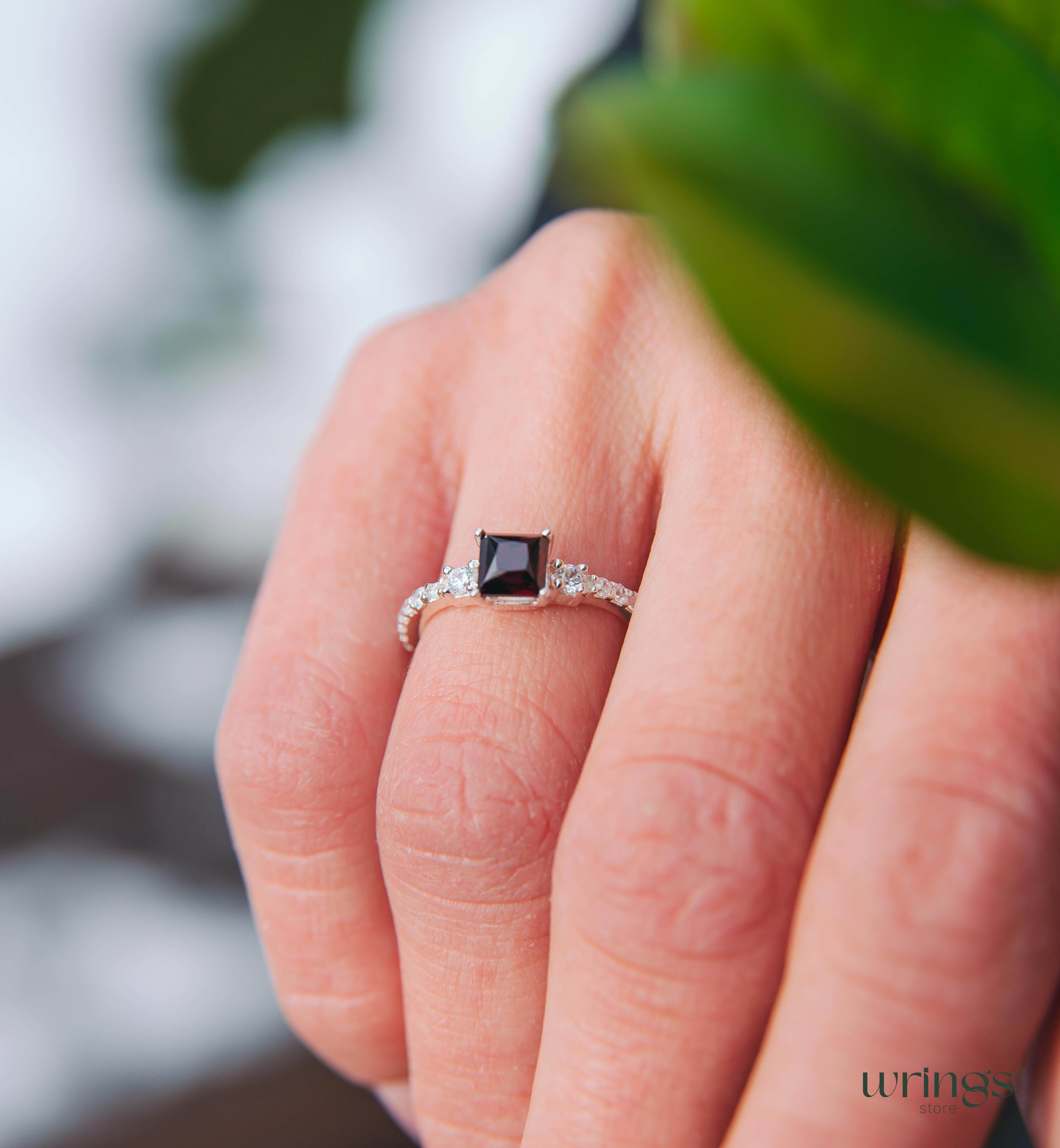 Square Cut Garnet Engagement Ring Silver with accents