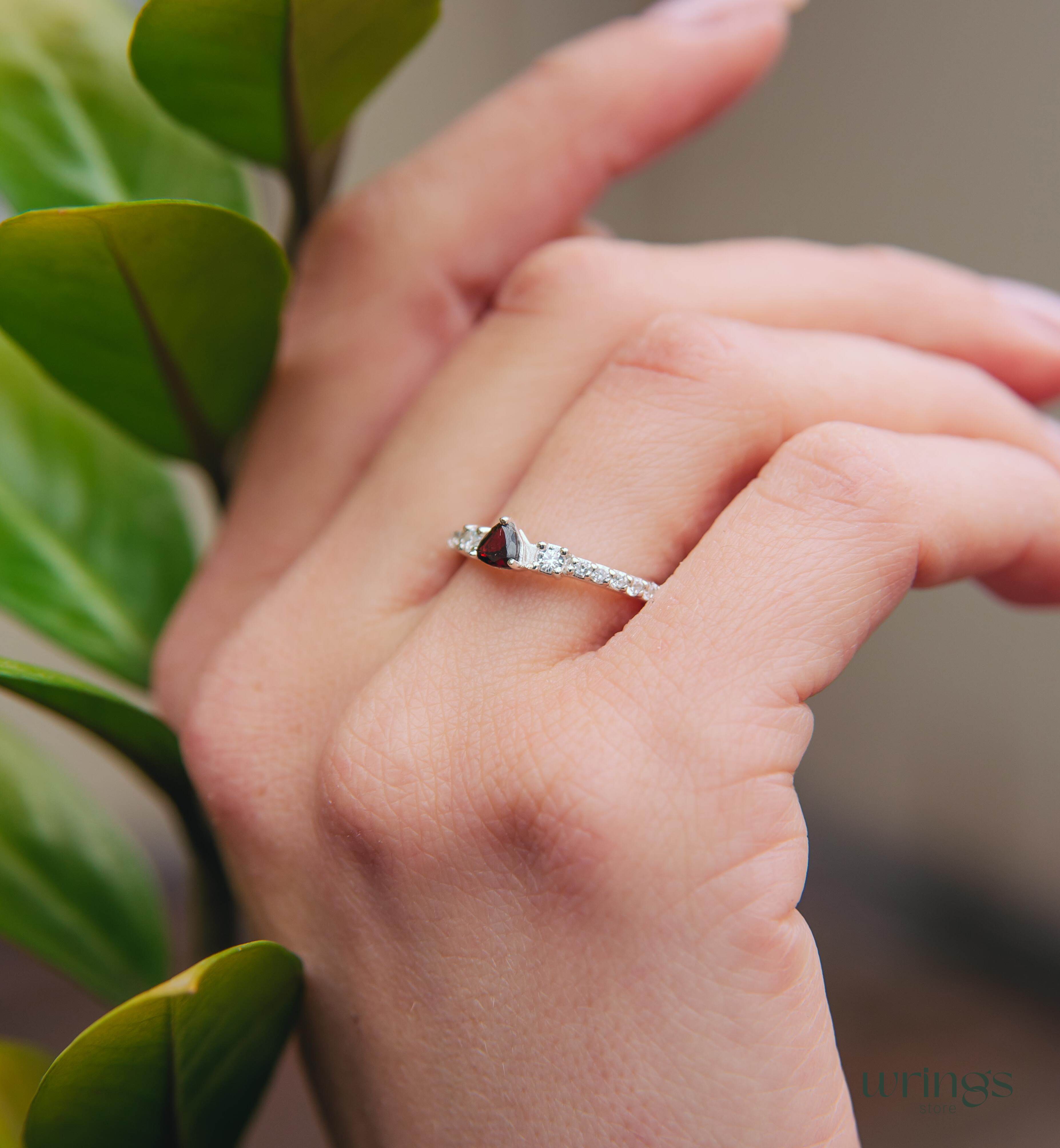 3 Stone Garnet Ring - Triillion central Gem & Side Zirconia