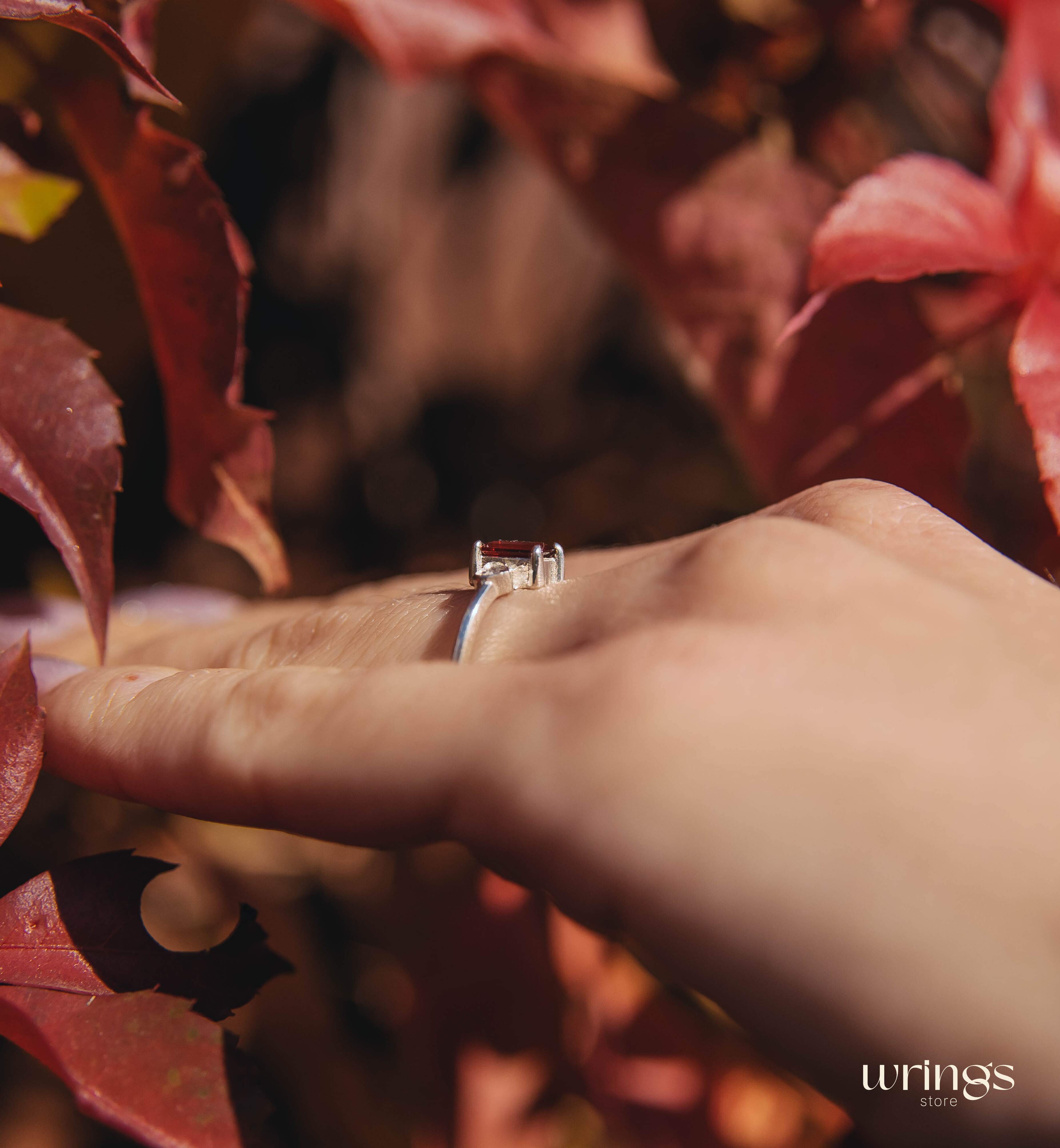 Silver Garnet Engagement Ring & Side Stone CZ in Heart