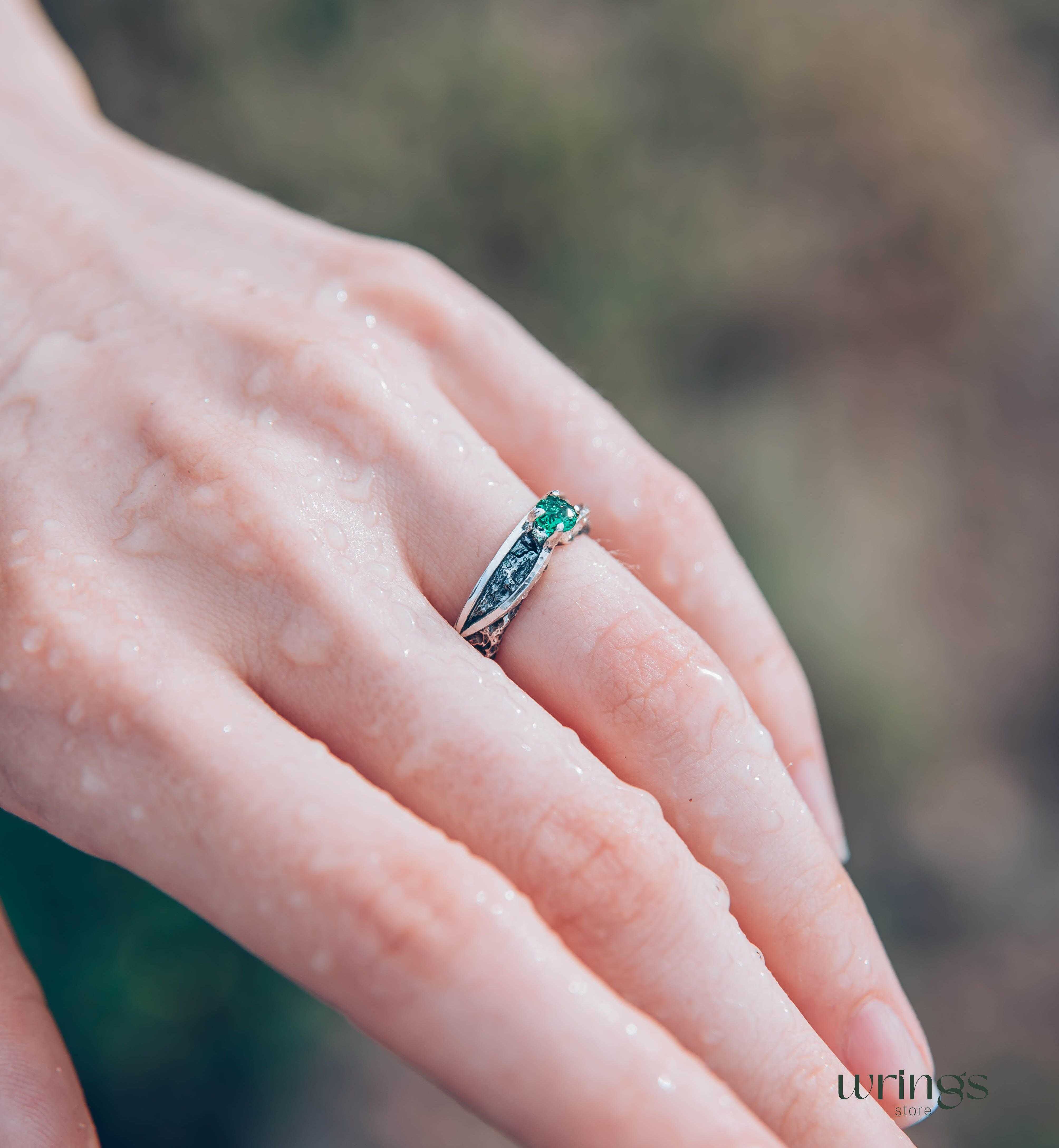 Avant garde Silver Hammered Engagement Ring with Emerald