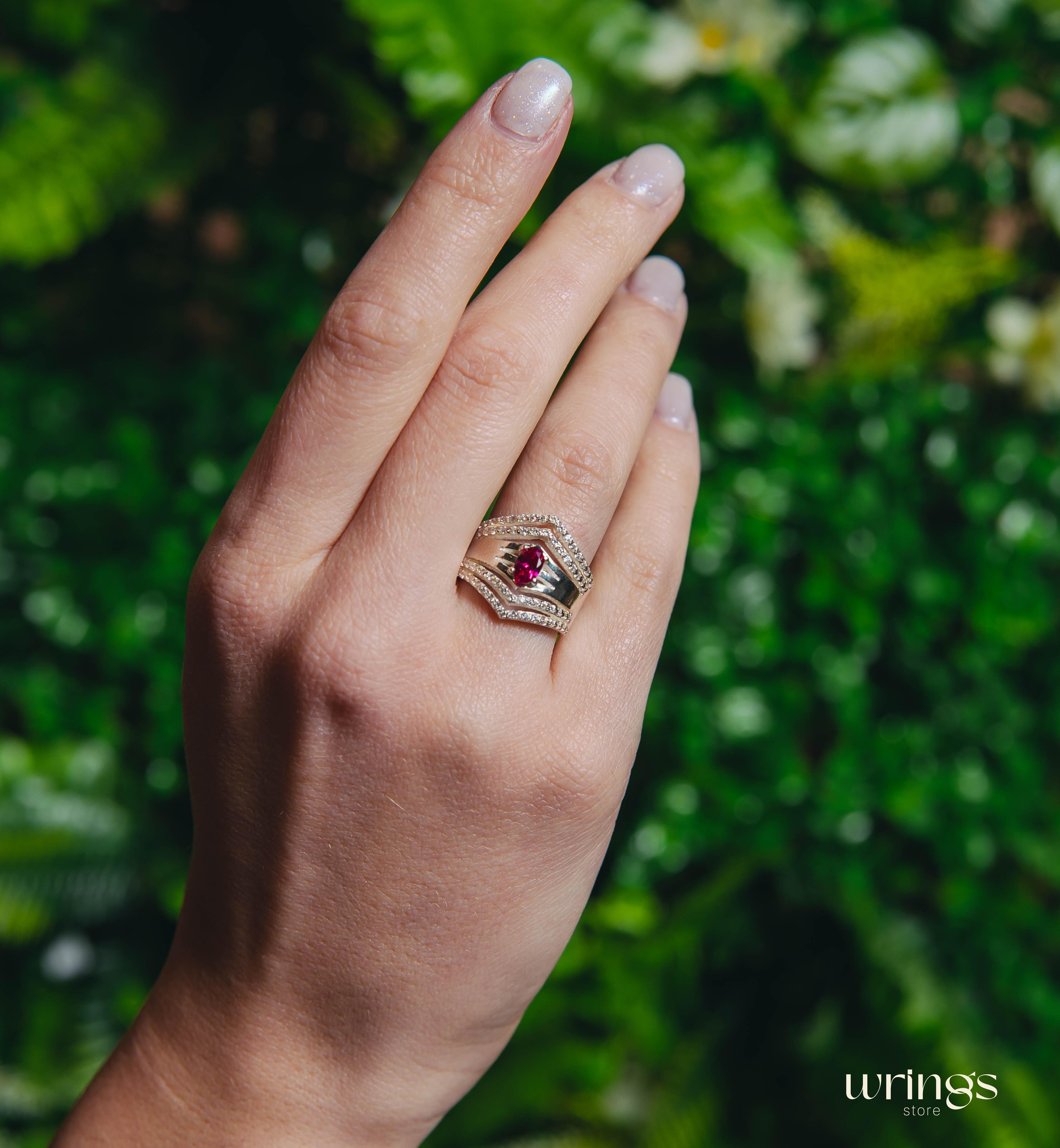 Extra Wide Silver Chevron Band Oval Ruby & Faux Diamonds
