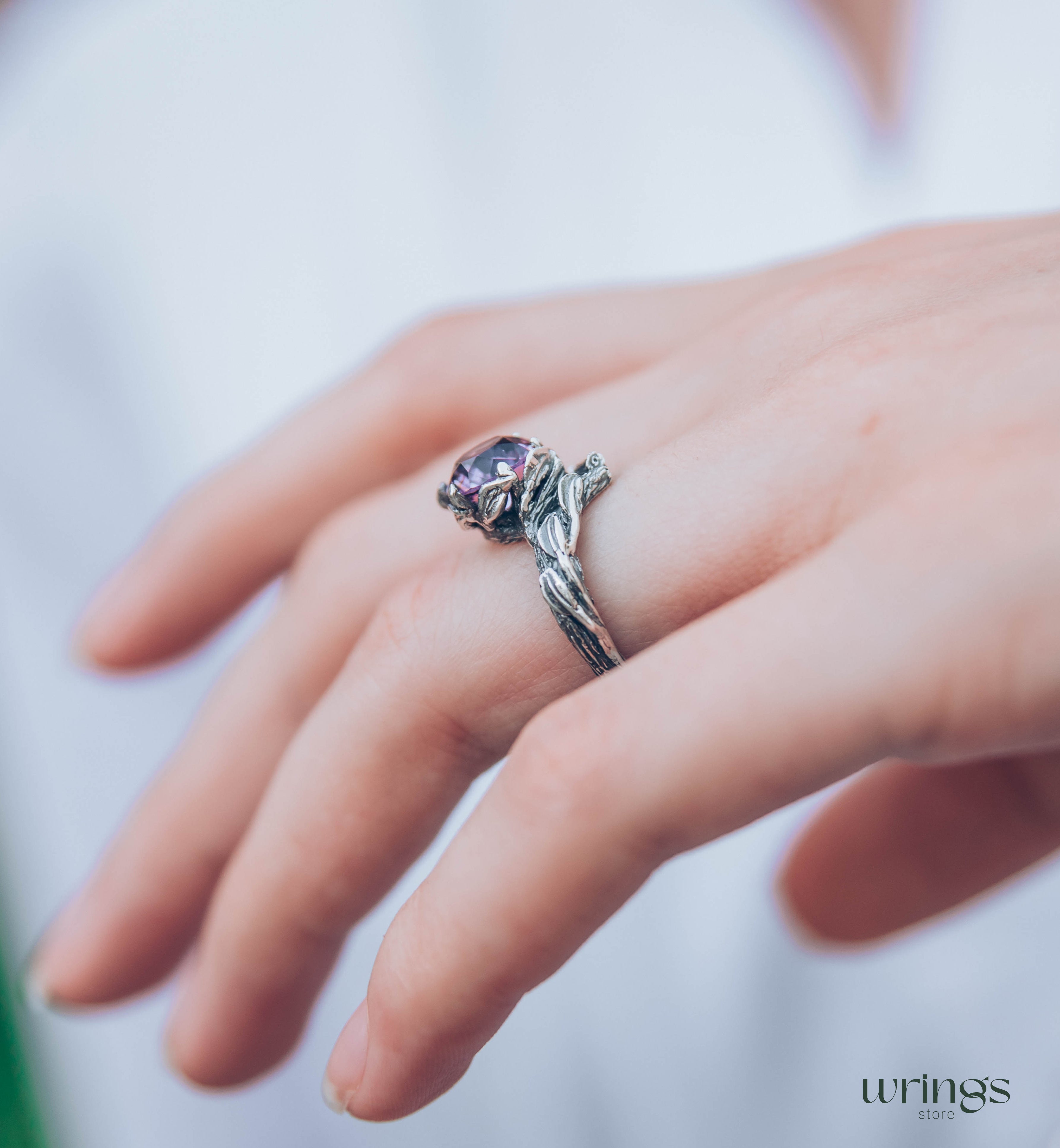 Big Amethyst Chevron Statement Ring & Leaves on a Silver Branch