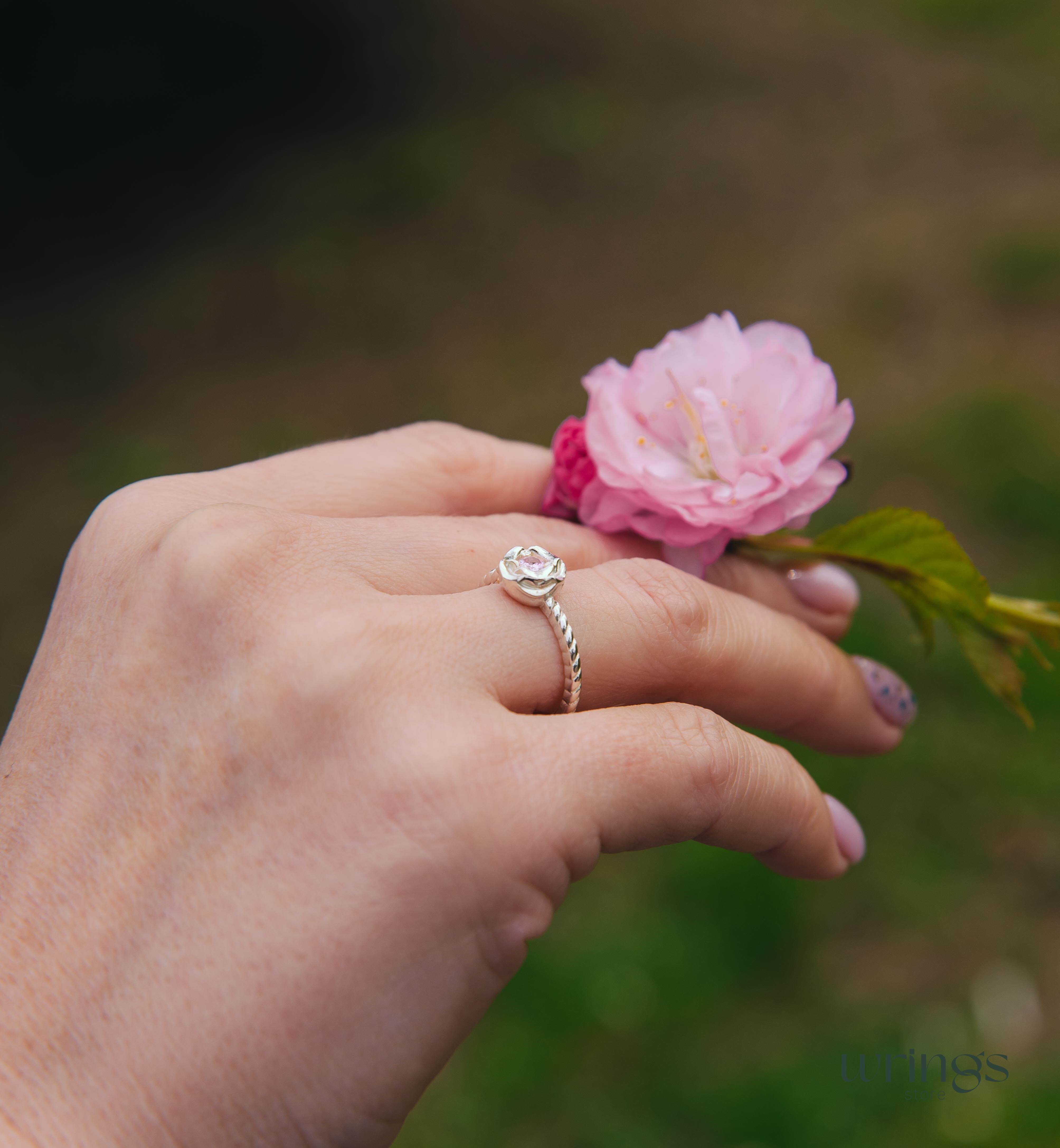 Sterling Silver Flower Ring with Simulated Rose Quartz