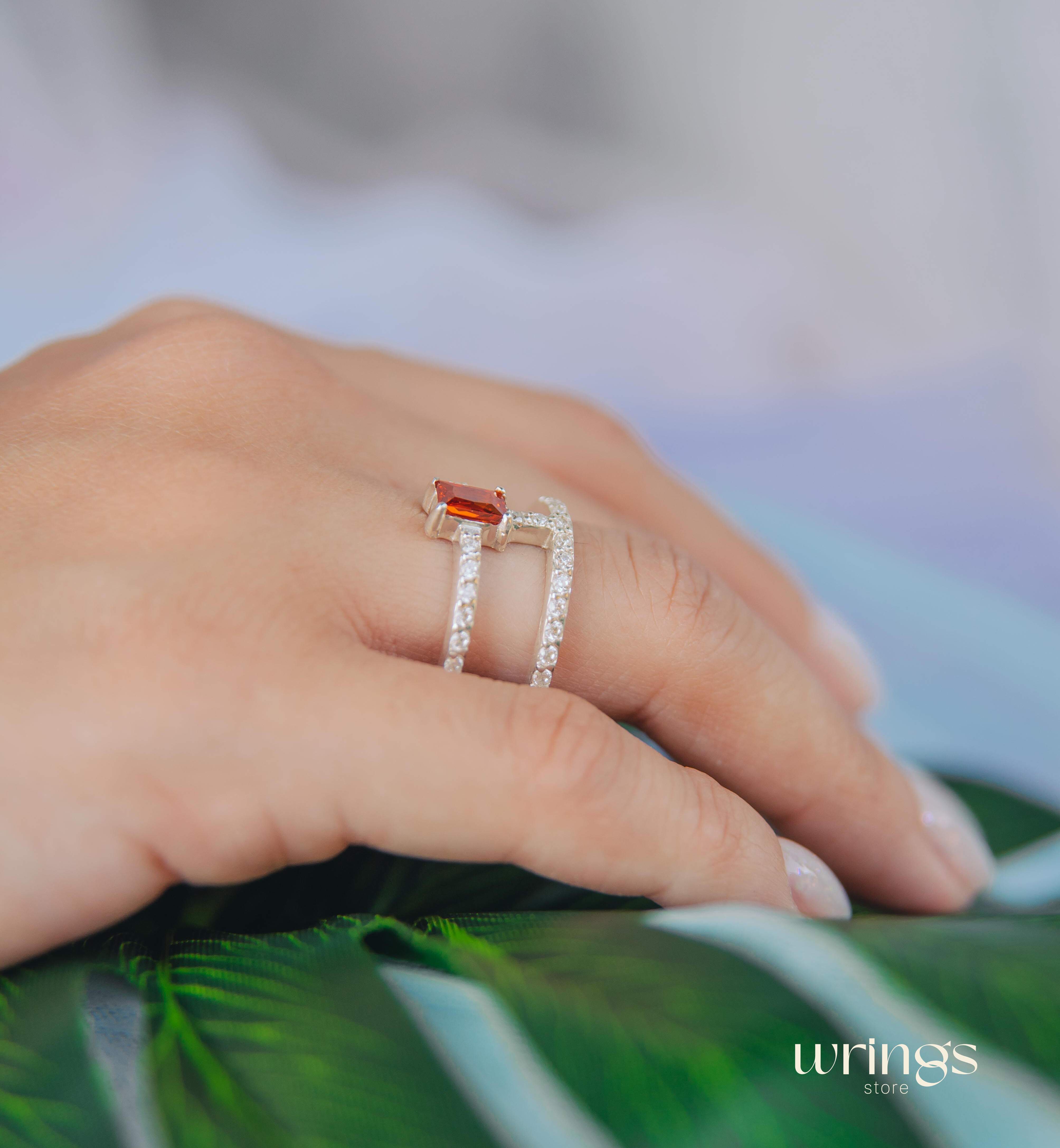 Garnet Two Band Engagement Ring Multiple CZ Stones