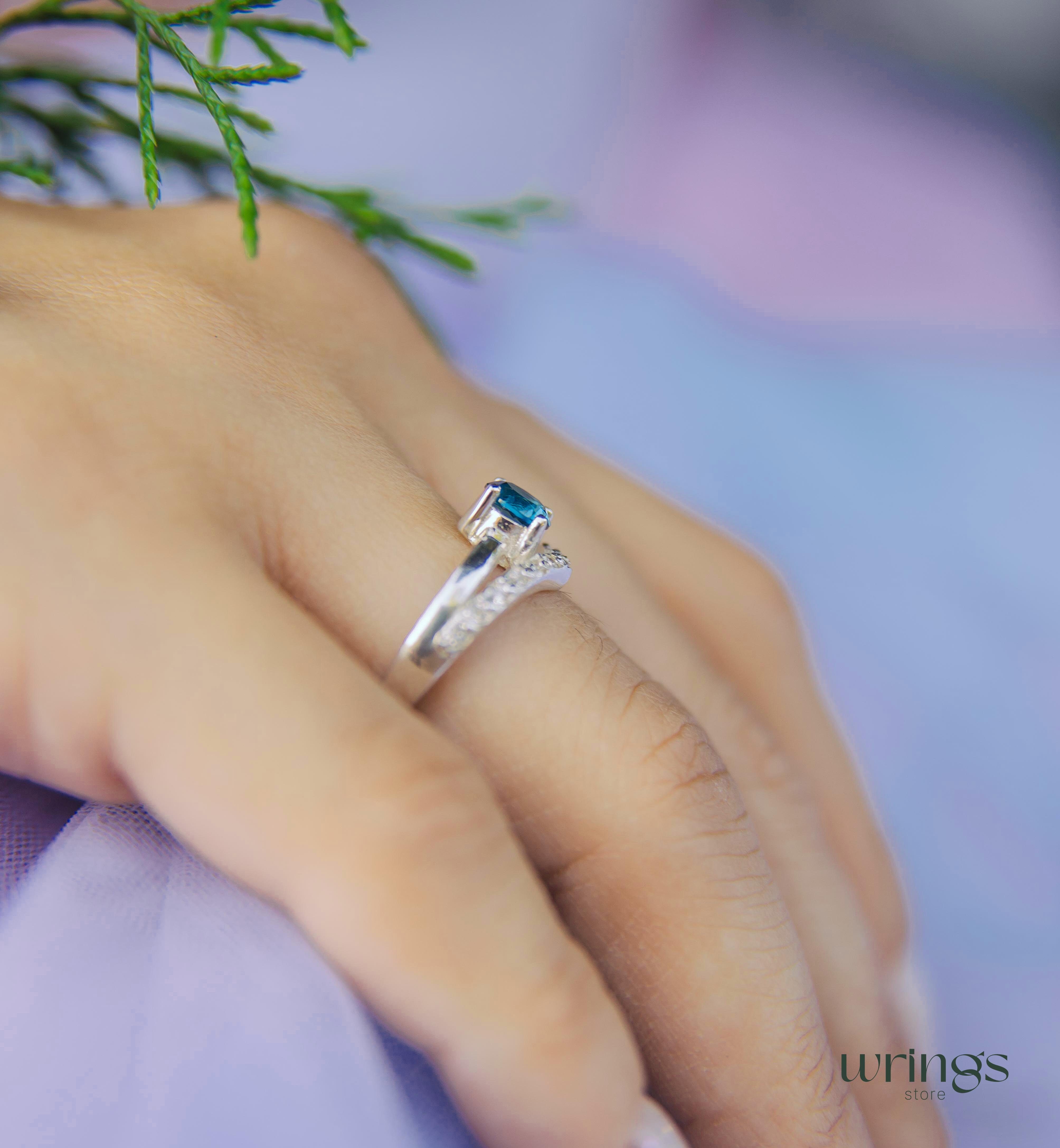 London Blue Topaz Chevron Engagement Ring Silver & CZ