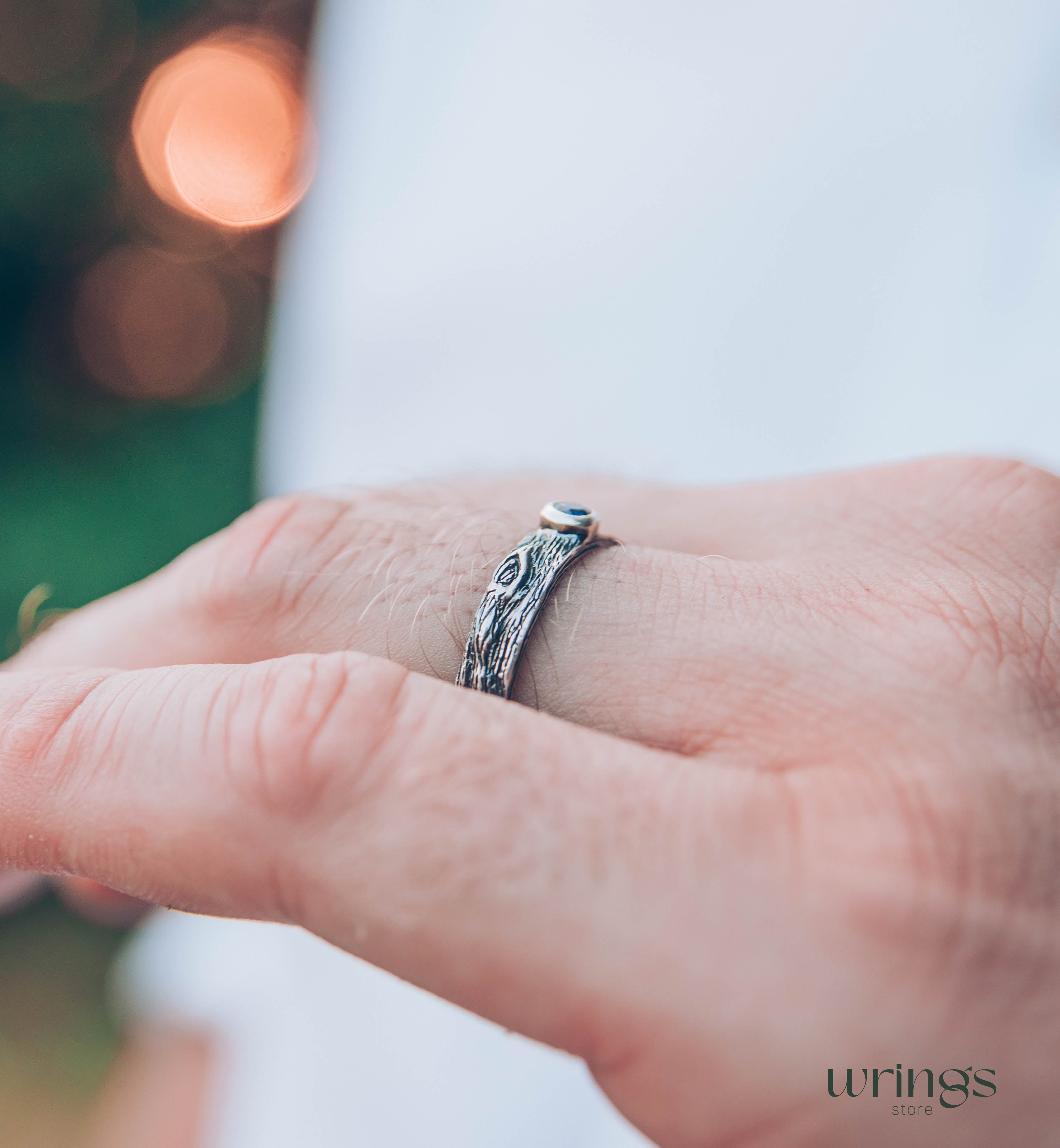 Unique Tree bark Silver Ring with exquisite Blue Sapphire