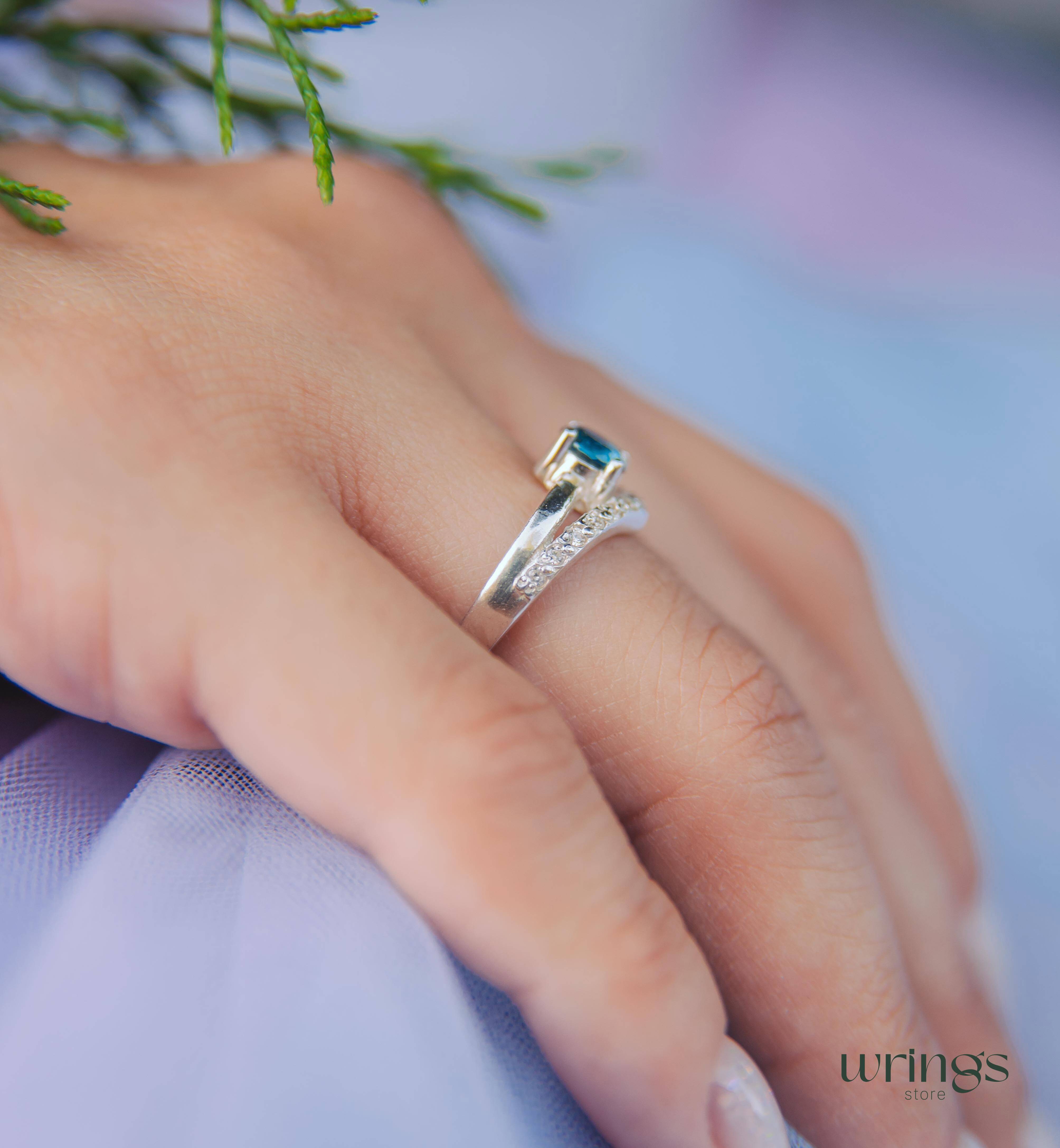 London Blue Topaz Chevron Engagement Ring Silver & CZ