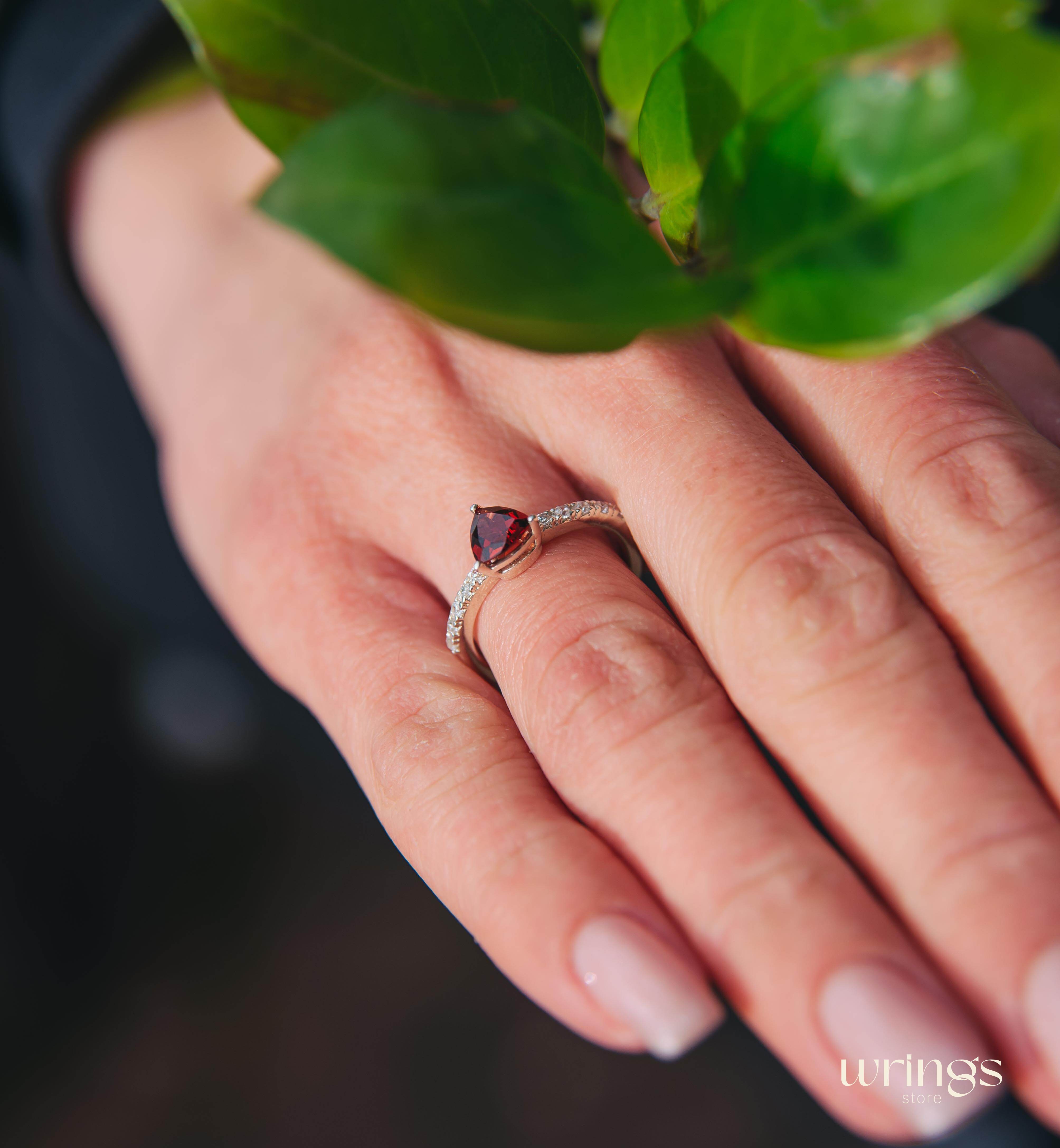 Trilliant Garnet Engagement Ring Silver & Side CZ Stones