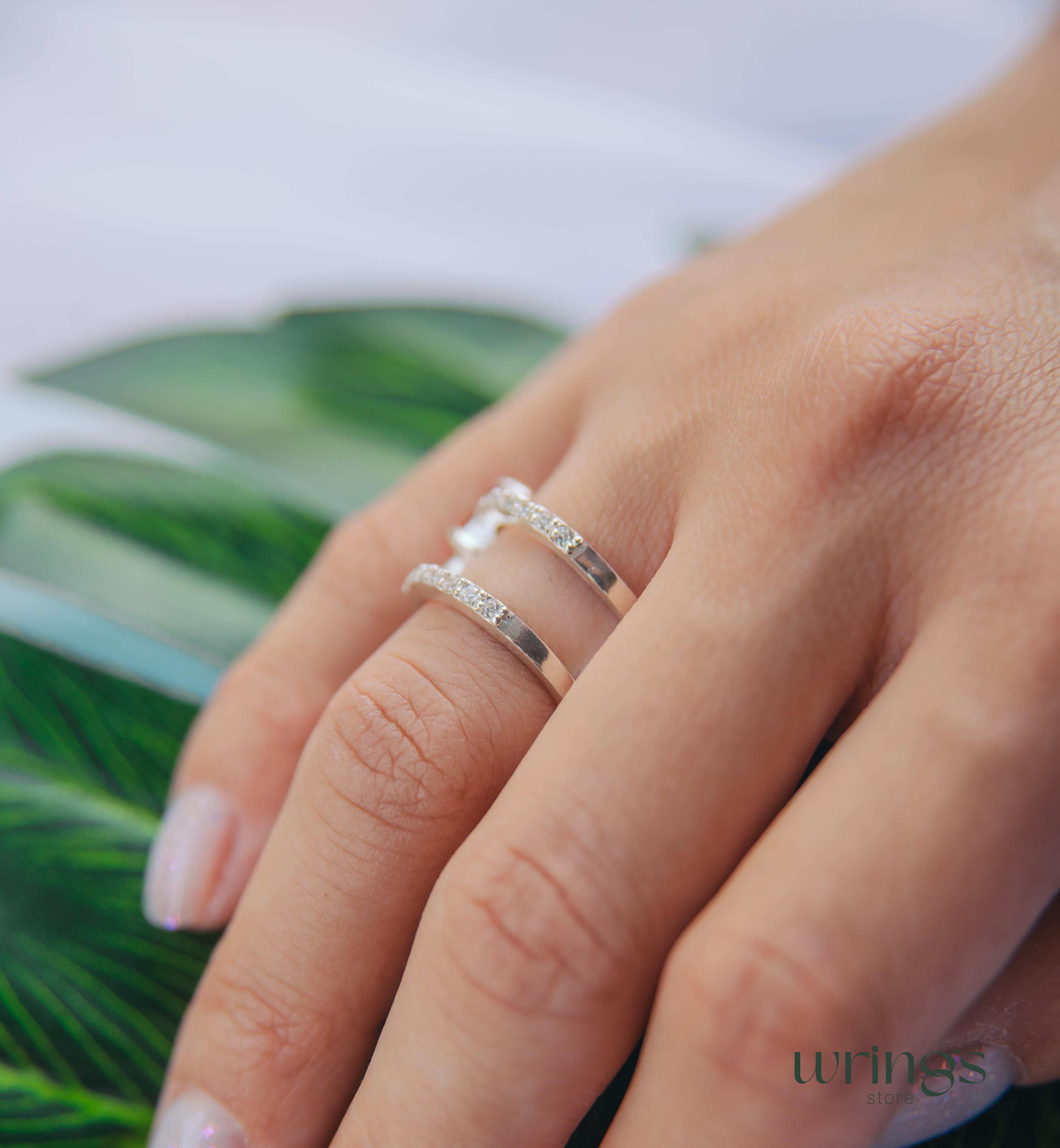 Garnet Two Band Engagement Ring Multiple CZ Stones