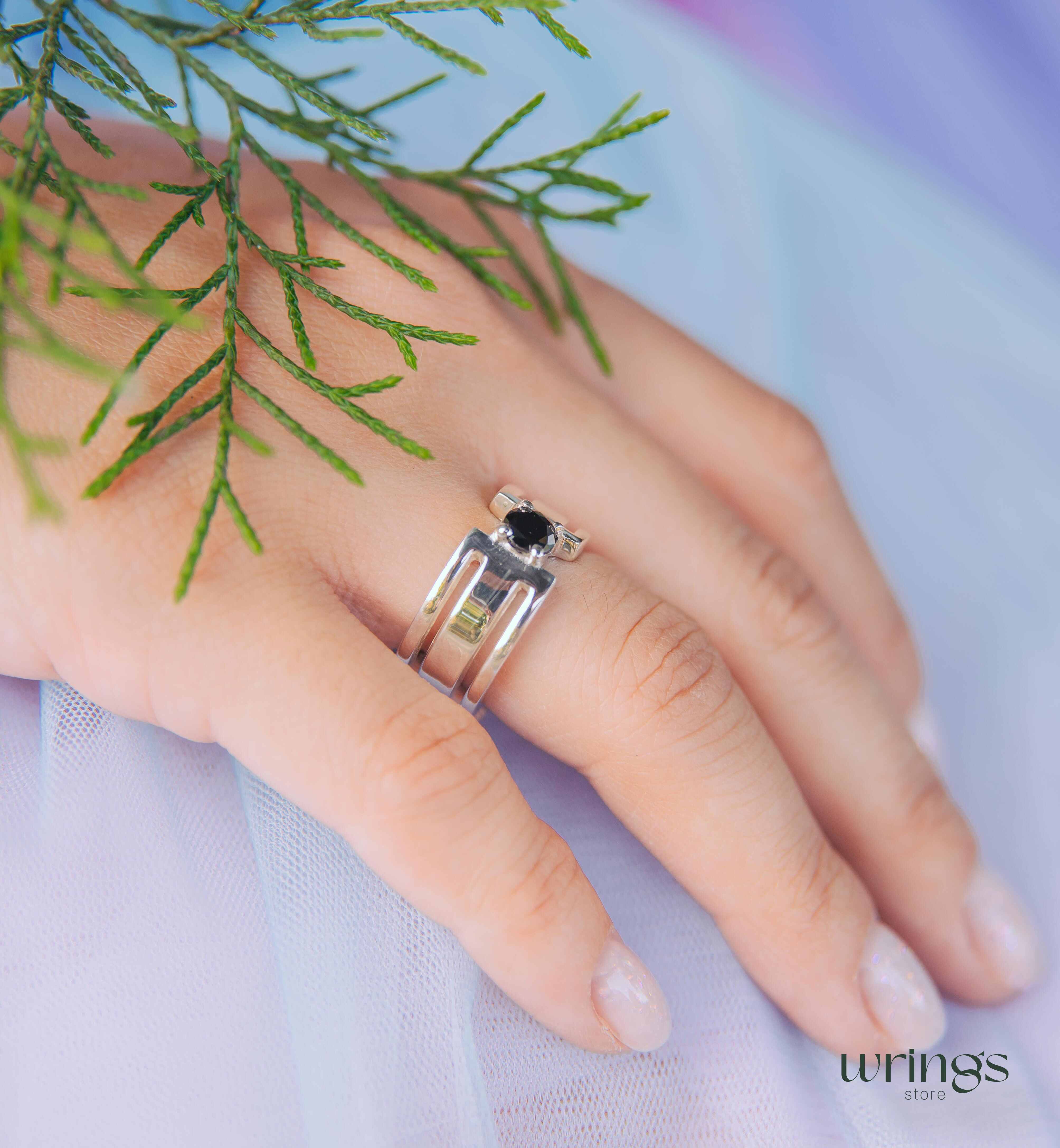 Round Black Diamond Silver Wide Band Engagement Ring