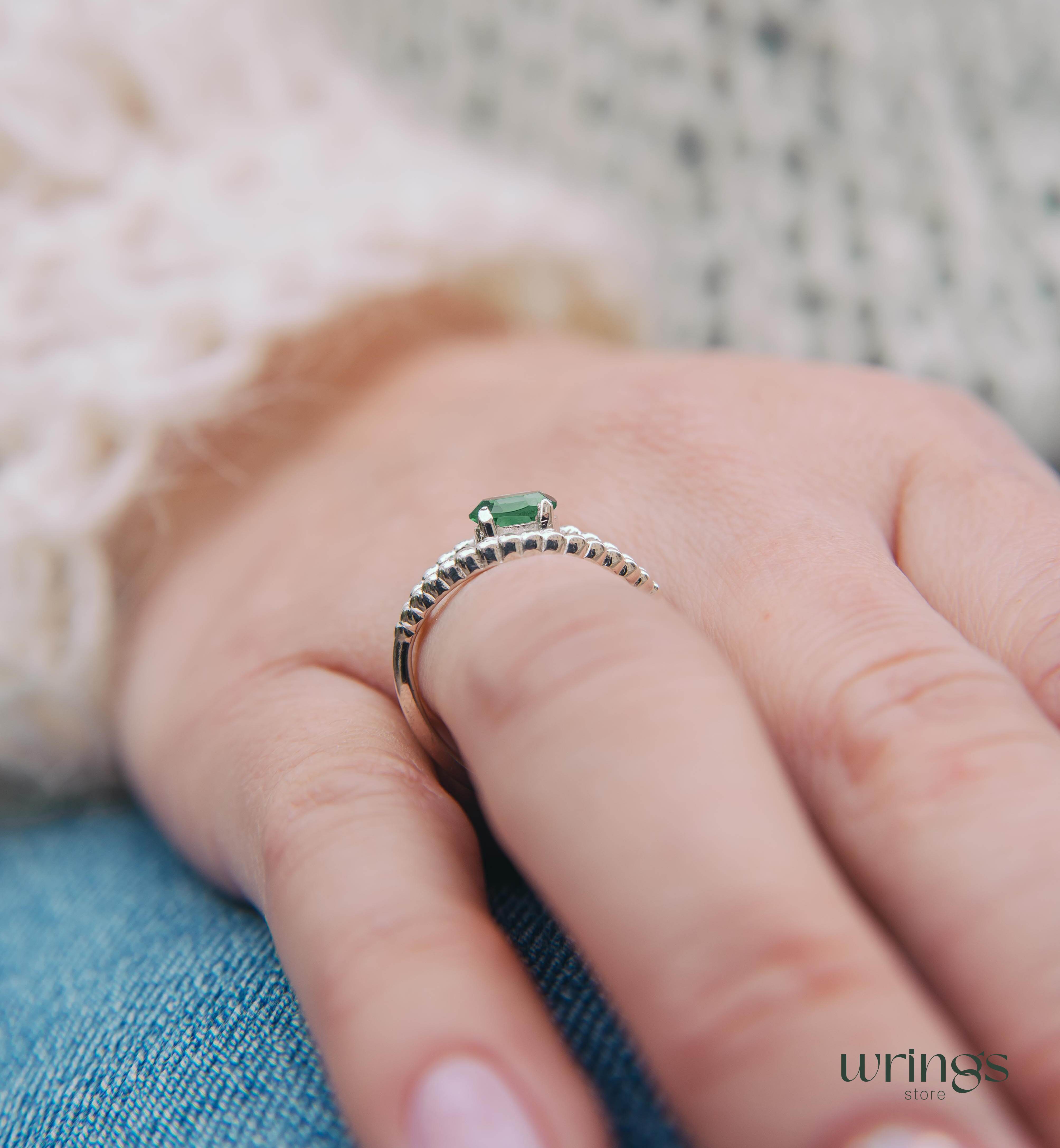 Beaded Silver Evil Eye Ring with Magical Green Quartz