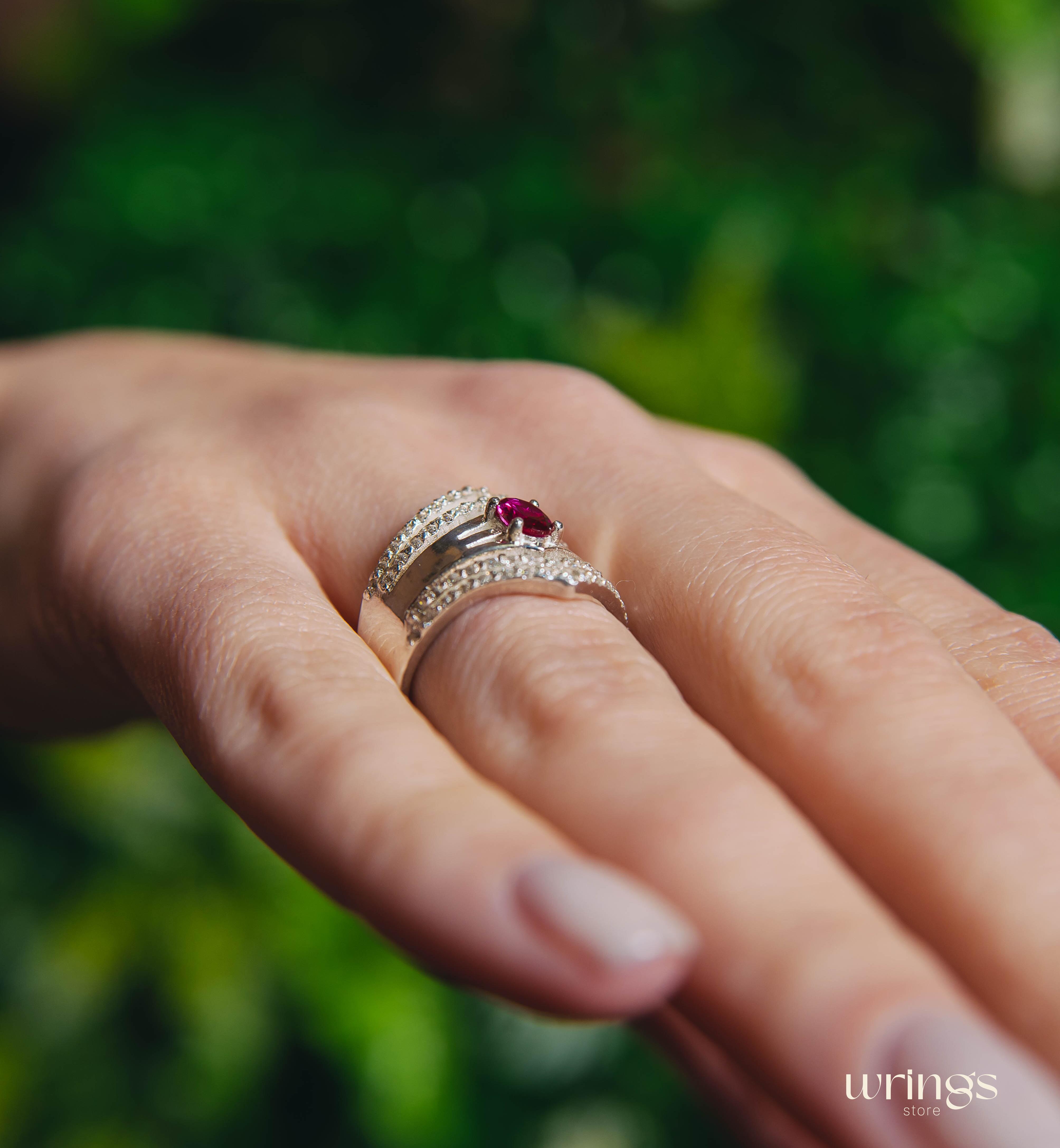Extra Wide Silver Chevron Band Oval Ruby & Faux Diamonds