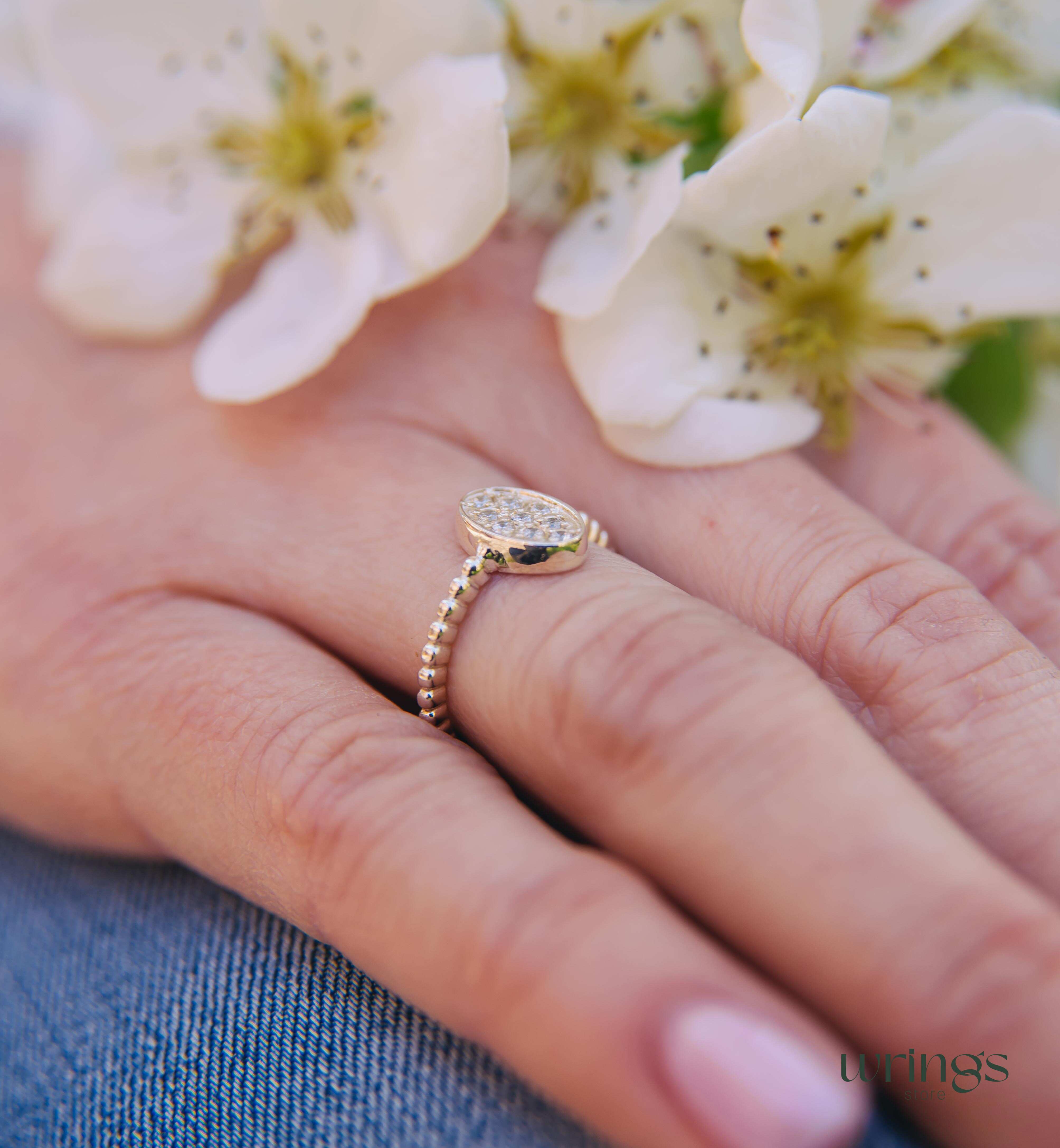 Pave Style Diamonds Bubble Oval Ring Silver