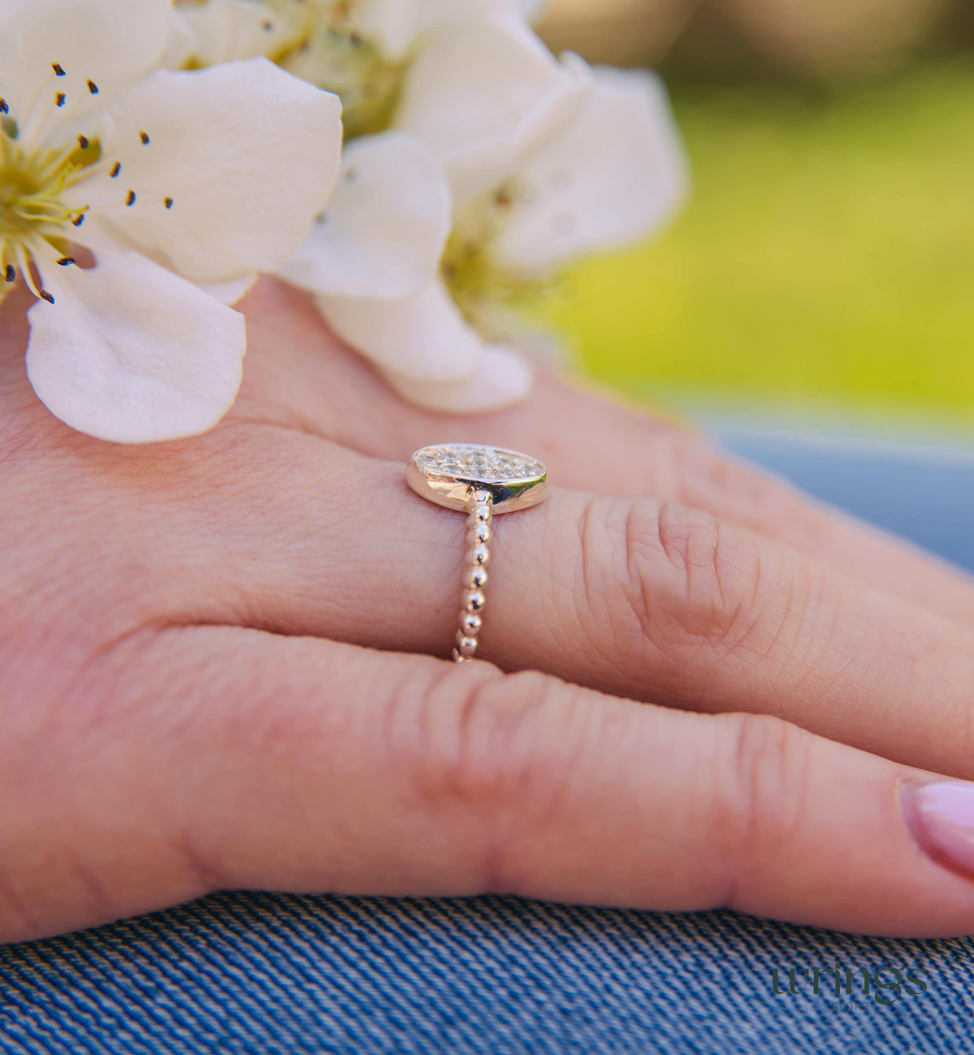 Pave Style Diamonds Bubble Oval Ring Silver