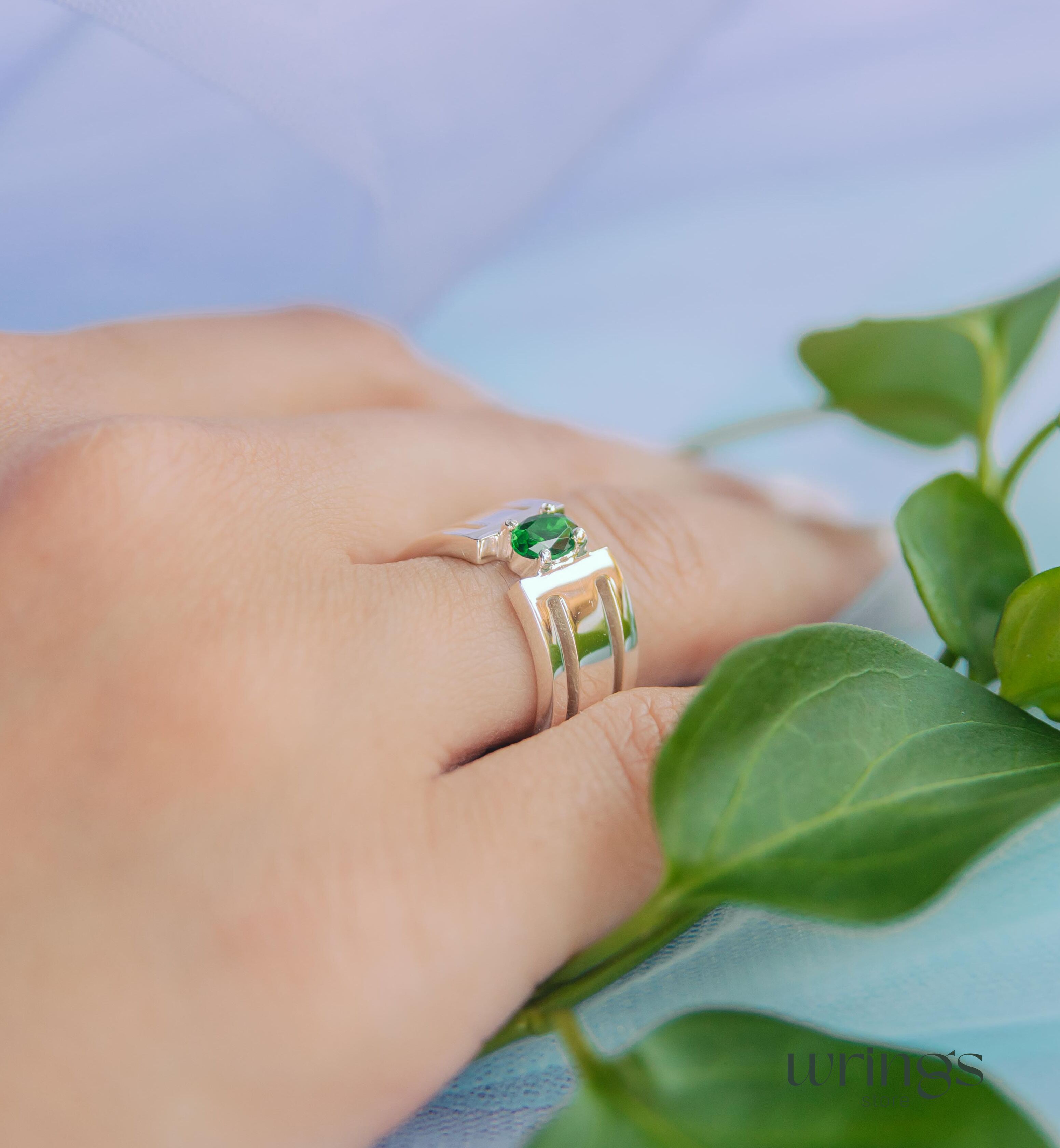 Green Oval Stone Extra Wide Wedding Band Solid Silver