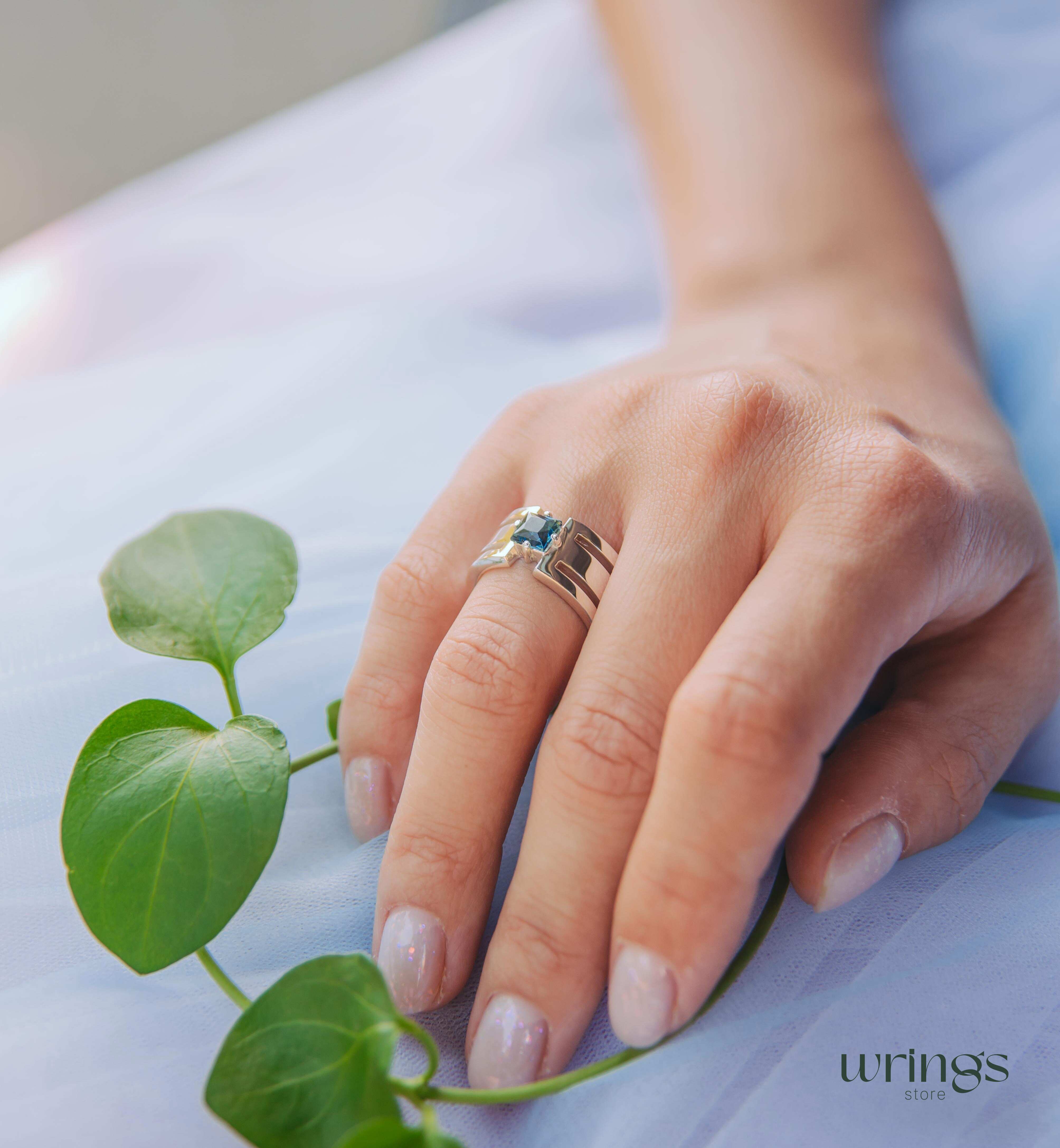 Square London Topaz Silver Wide Band Engagement Ring