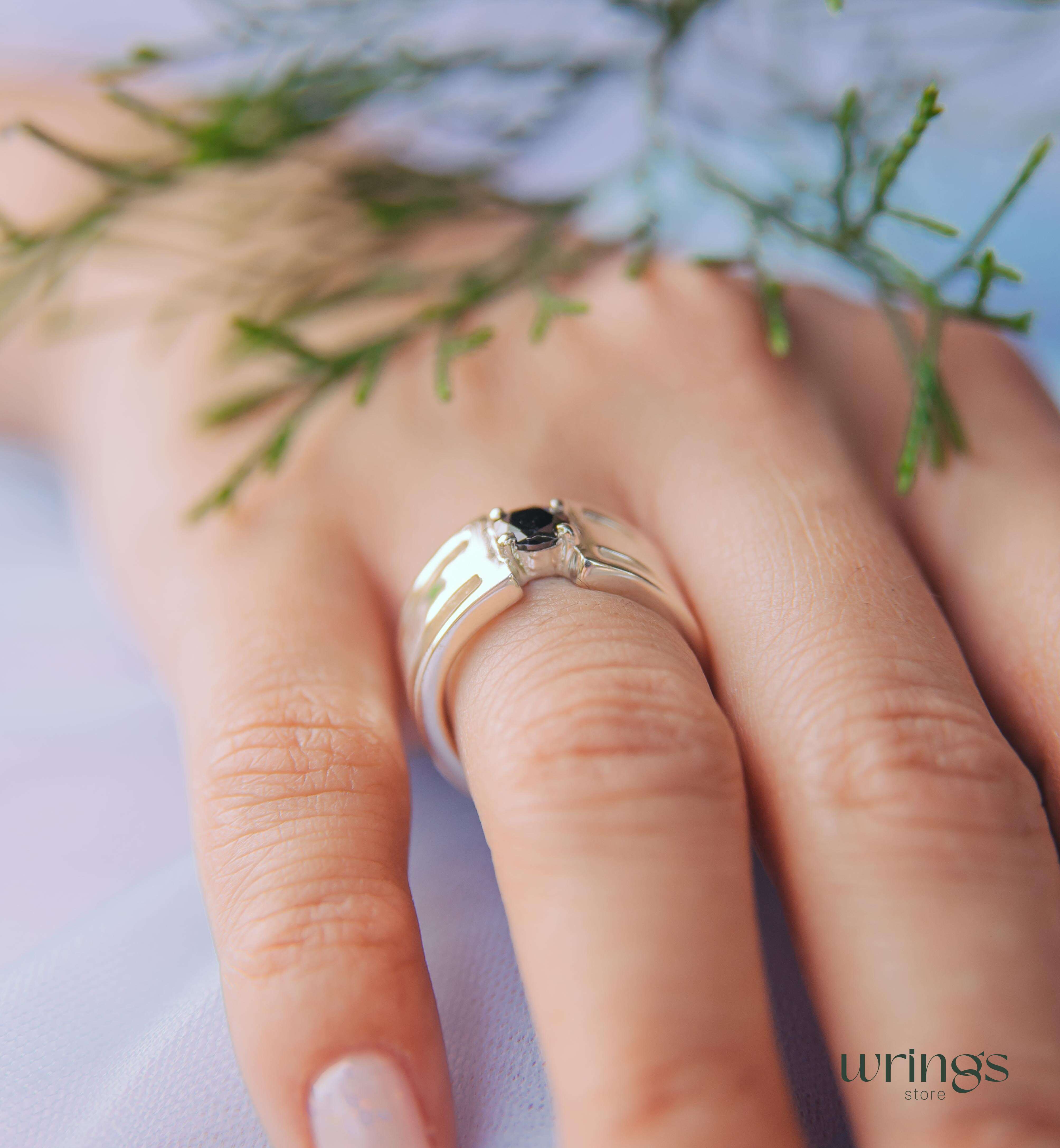 Round Black Diamond Silver Wide Band Engagement Ring