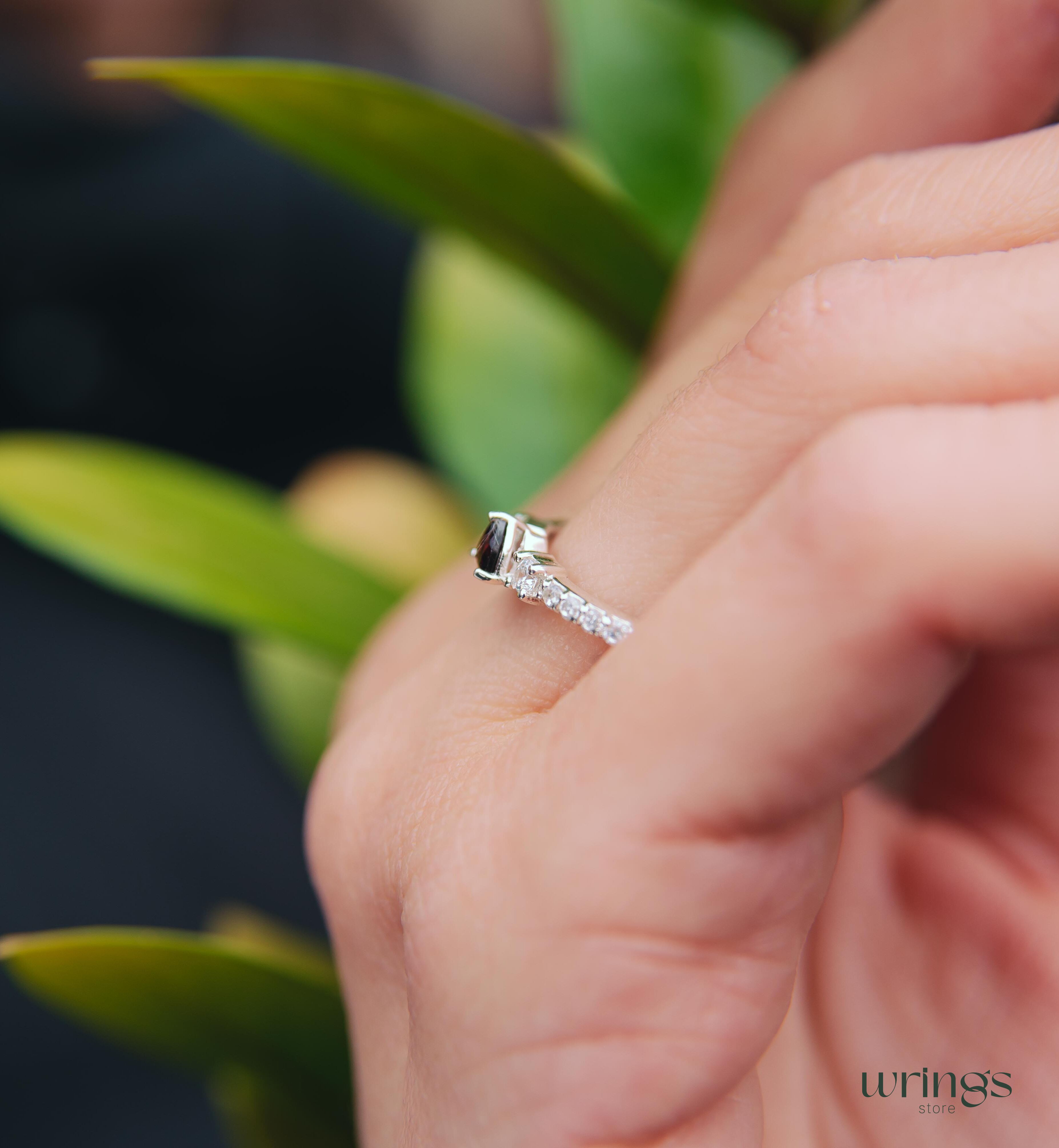 3 Stone Garnet Ring - Triillion central Gem & Side Zirconia