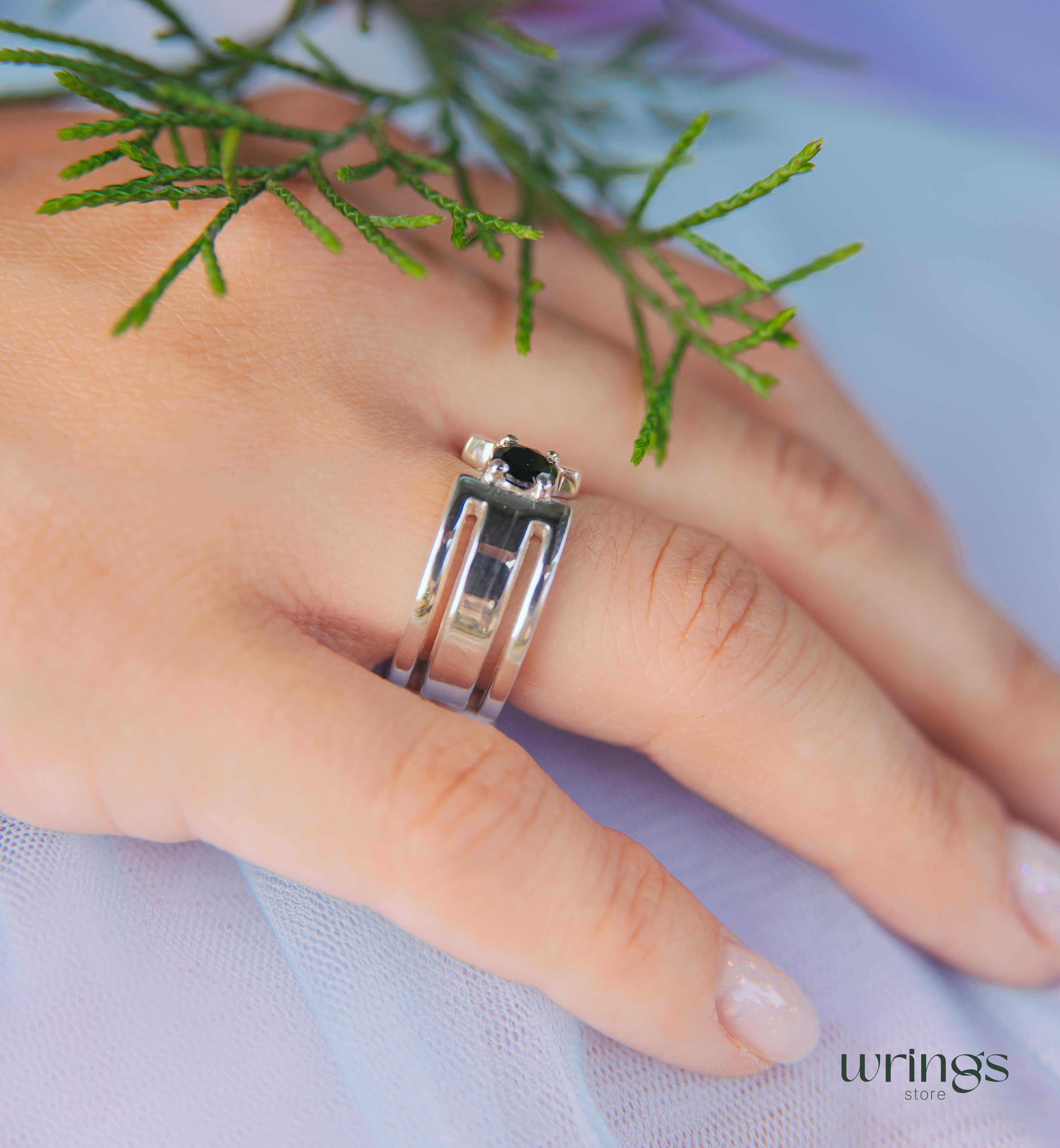 Round Black Diamond Silver Wide Band Engagement Ring