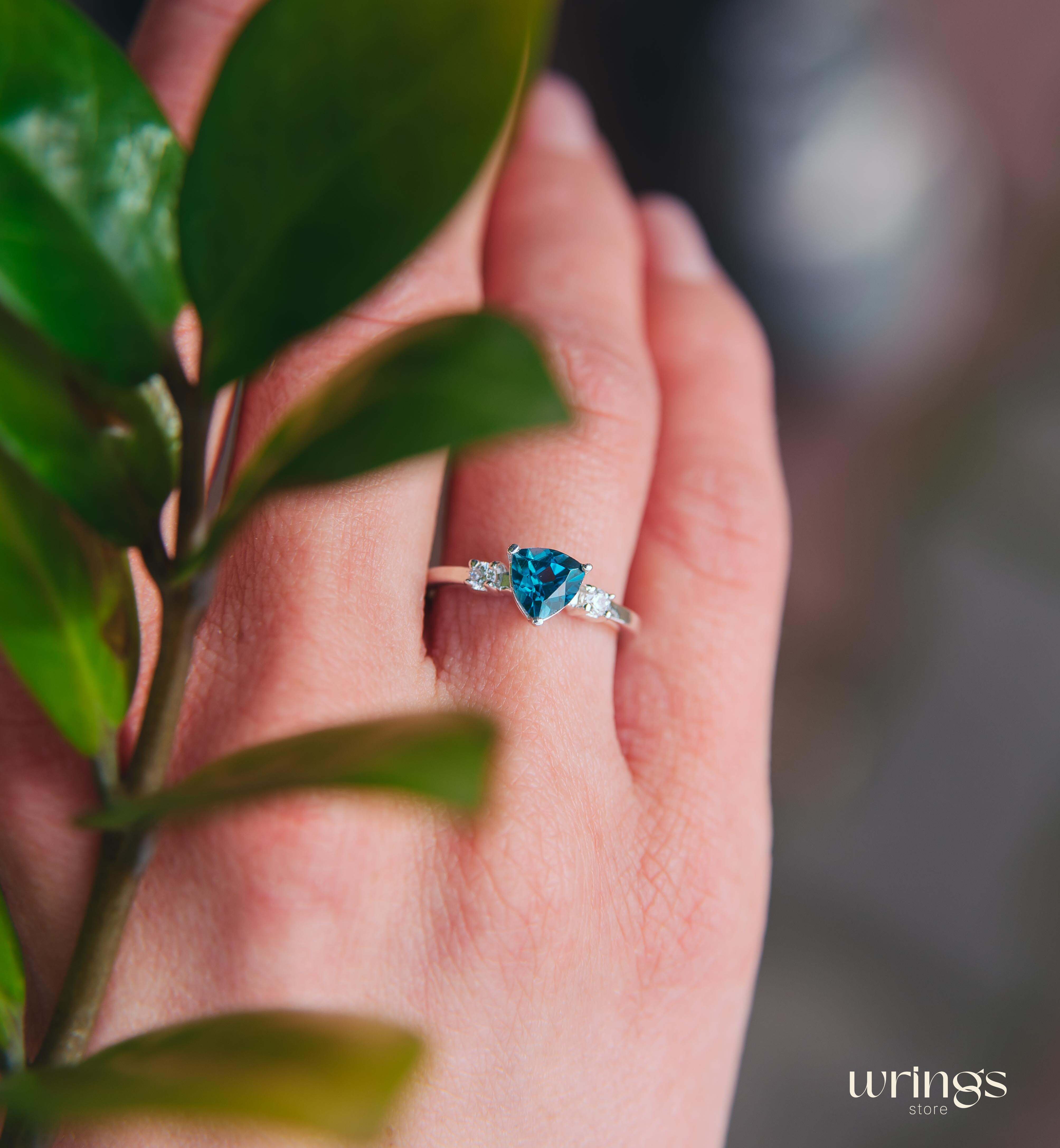 Shiny Trillion Topaz Silver 3 Stone Engagement Ring