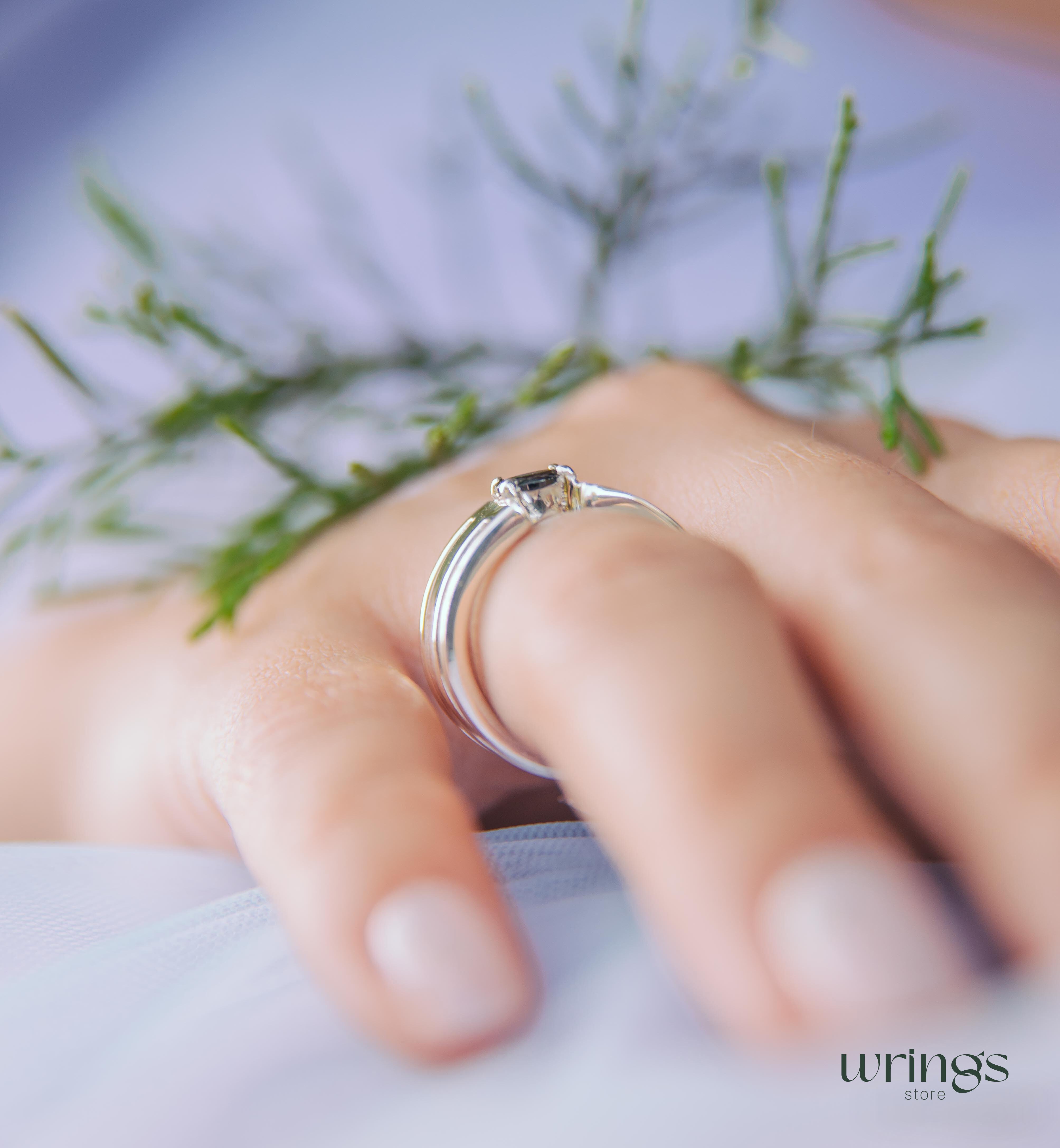 Round Black Diamond Silver Wide Band Engagement Ring