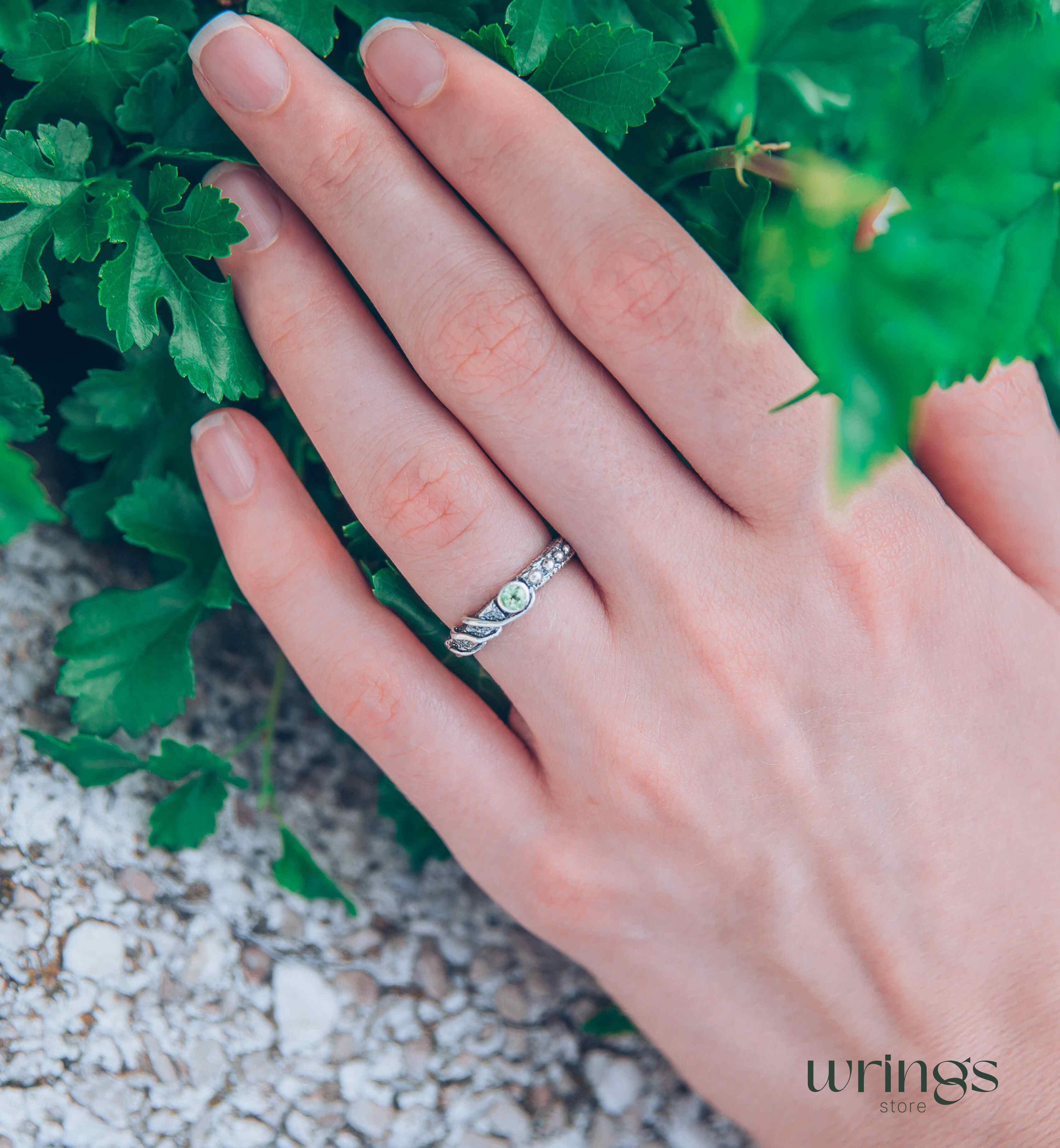 Modern Wild twisted Silver Engagement Ring with Peridot