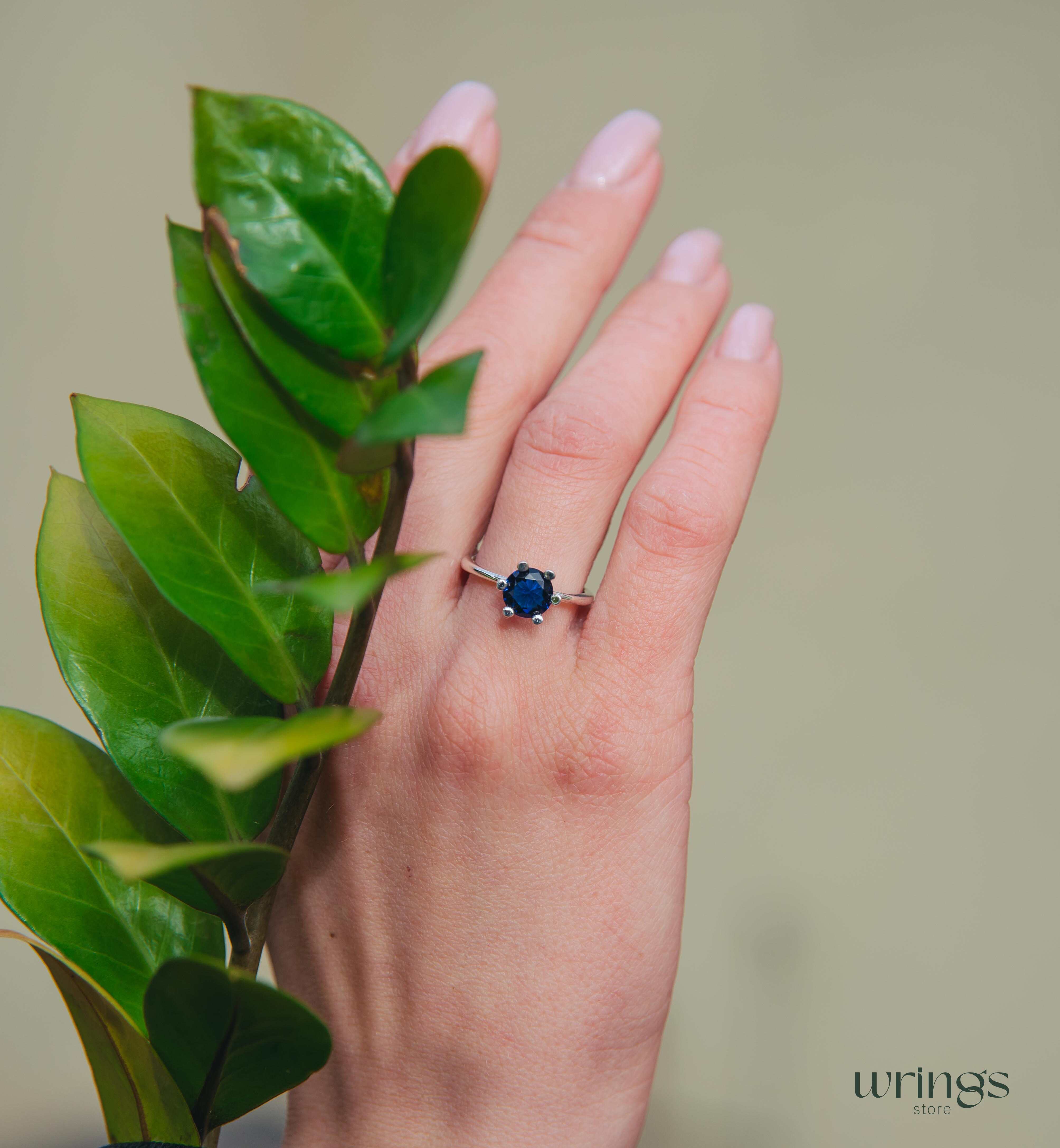Classic Solitaire Round Sapphire Engagement Ring Silver