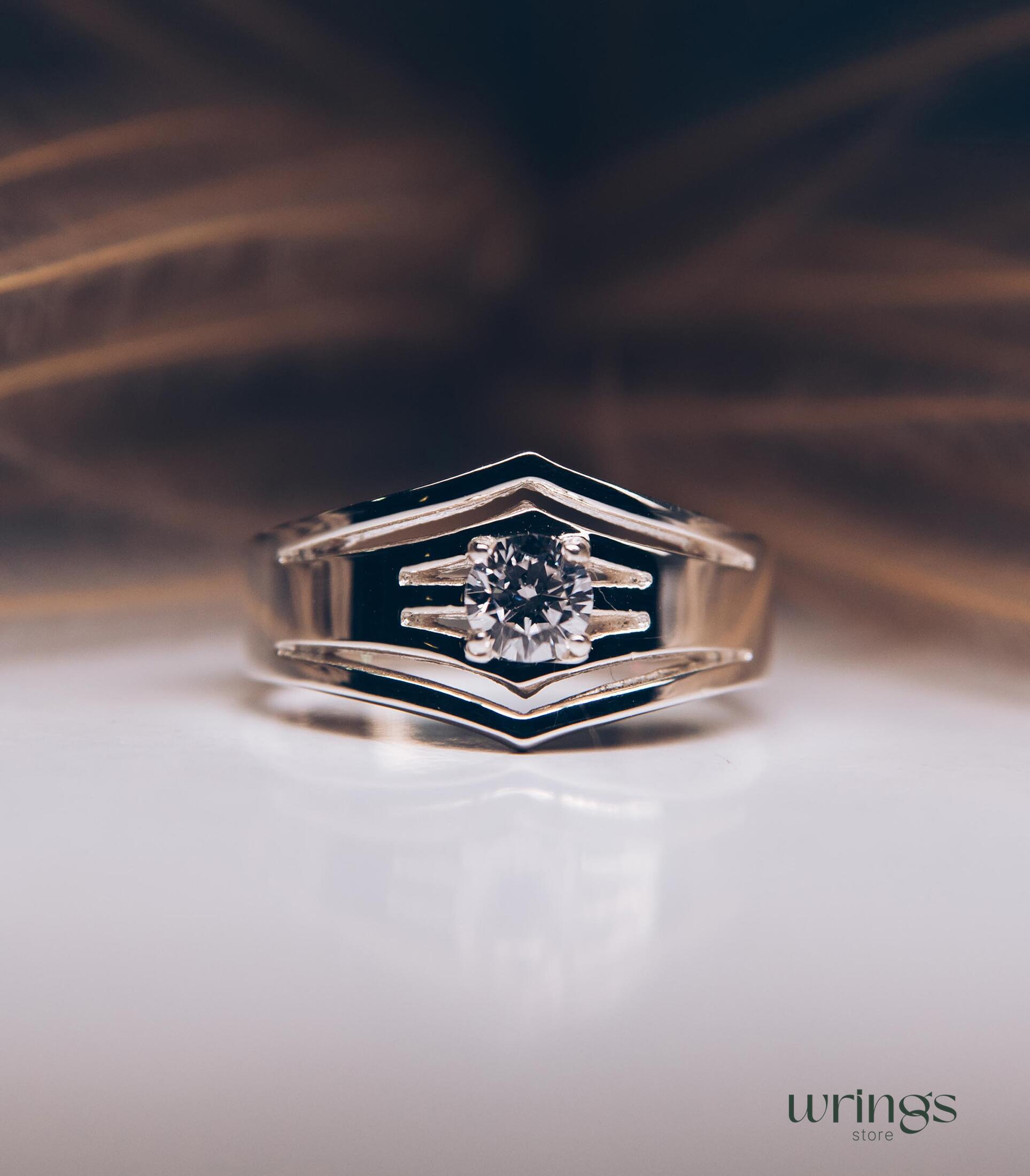 Cocktail Silver Chevron Band with Round Cubic Zirconia
