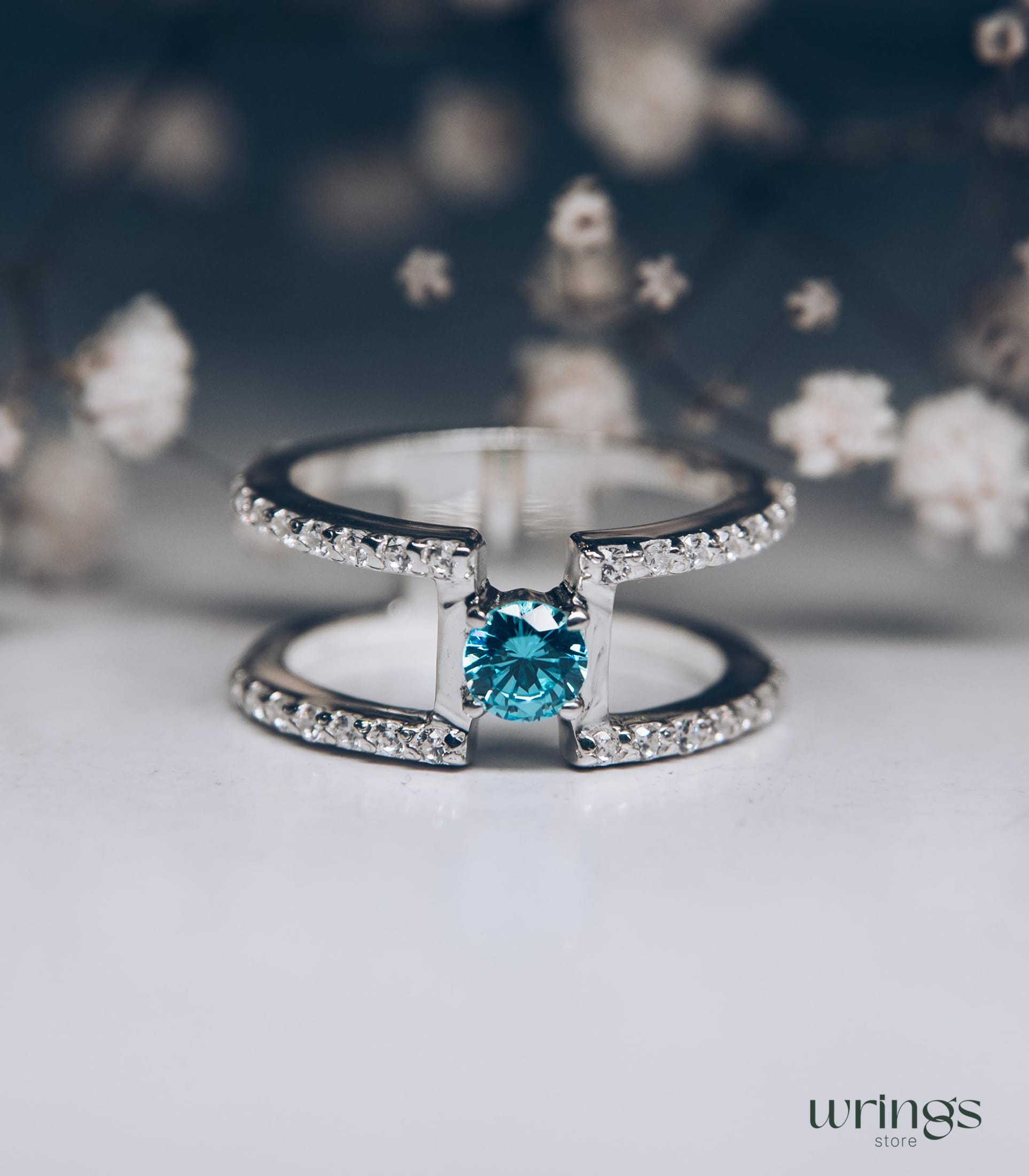 Double Band Silver Statement Ring Topaz and Diamonds