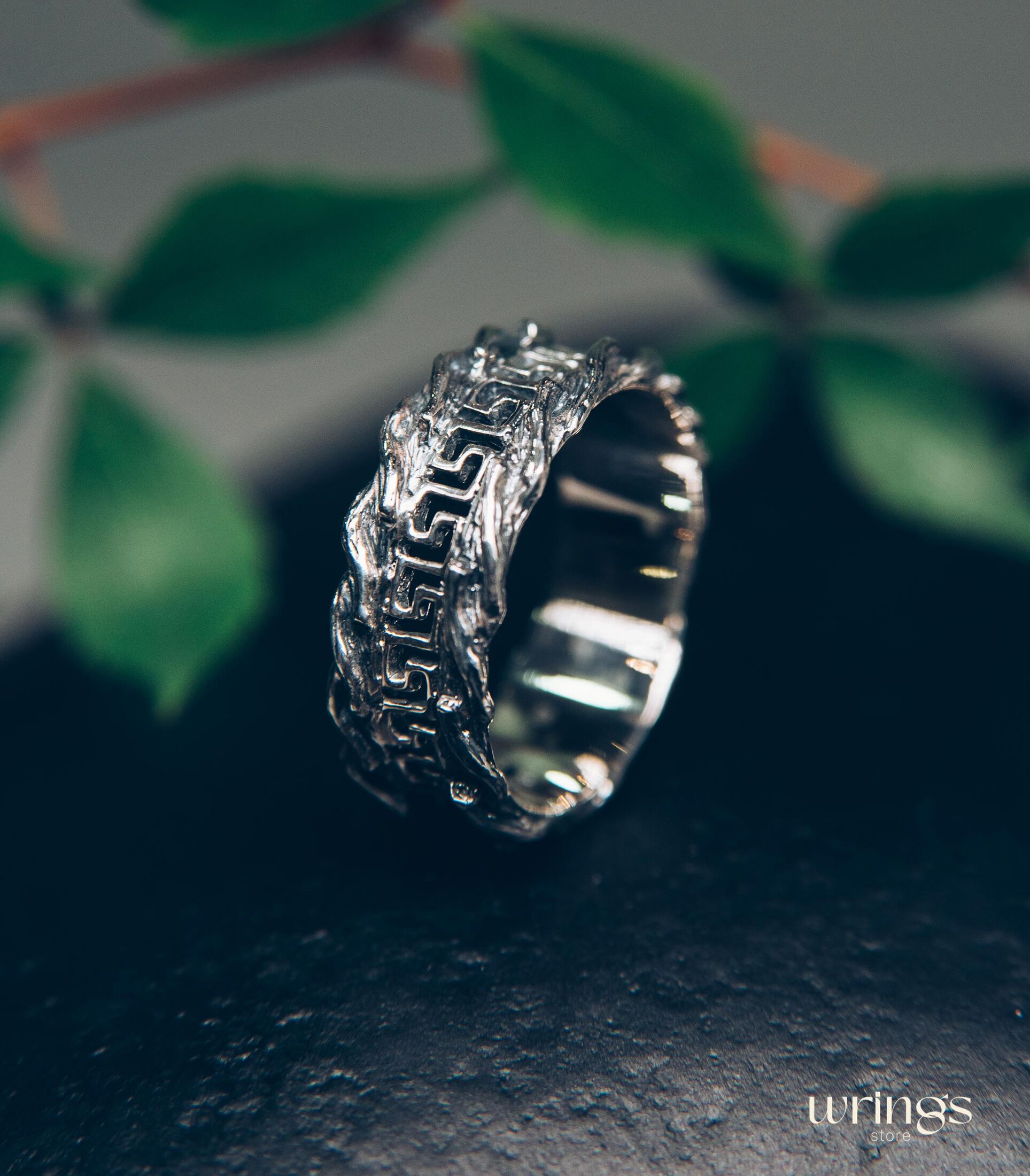 Men's Greek key & Tree bark Silver Wedding Band