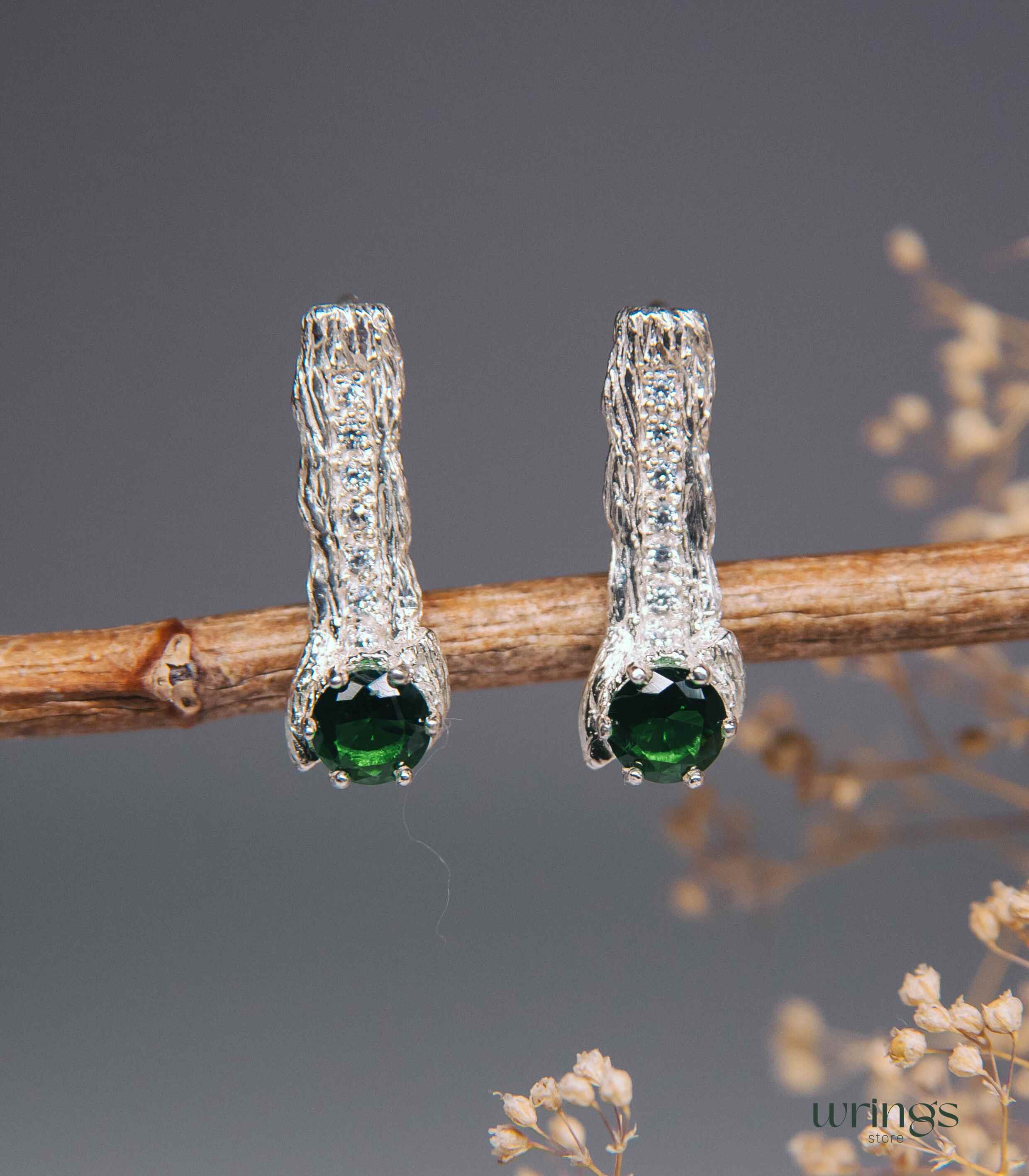 Tree Bark Silver Drop Earrings with Emerald and CZ