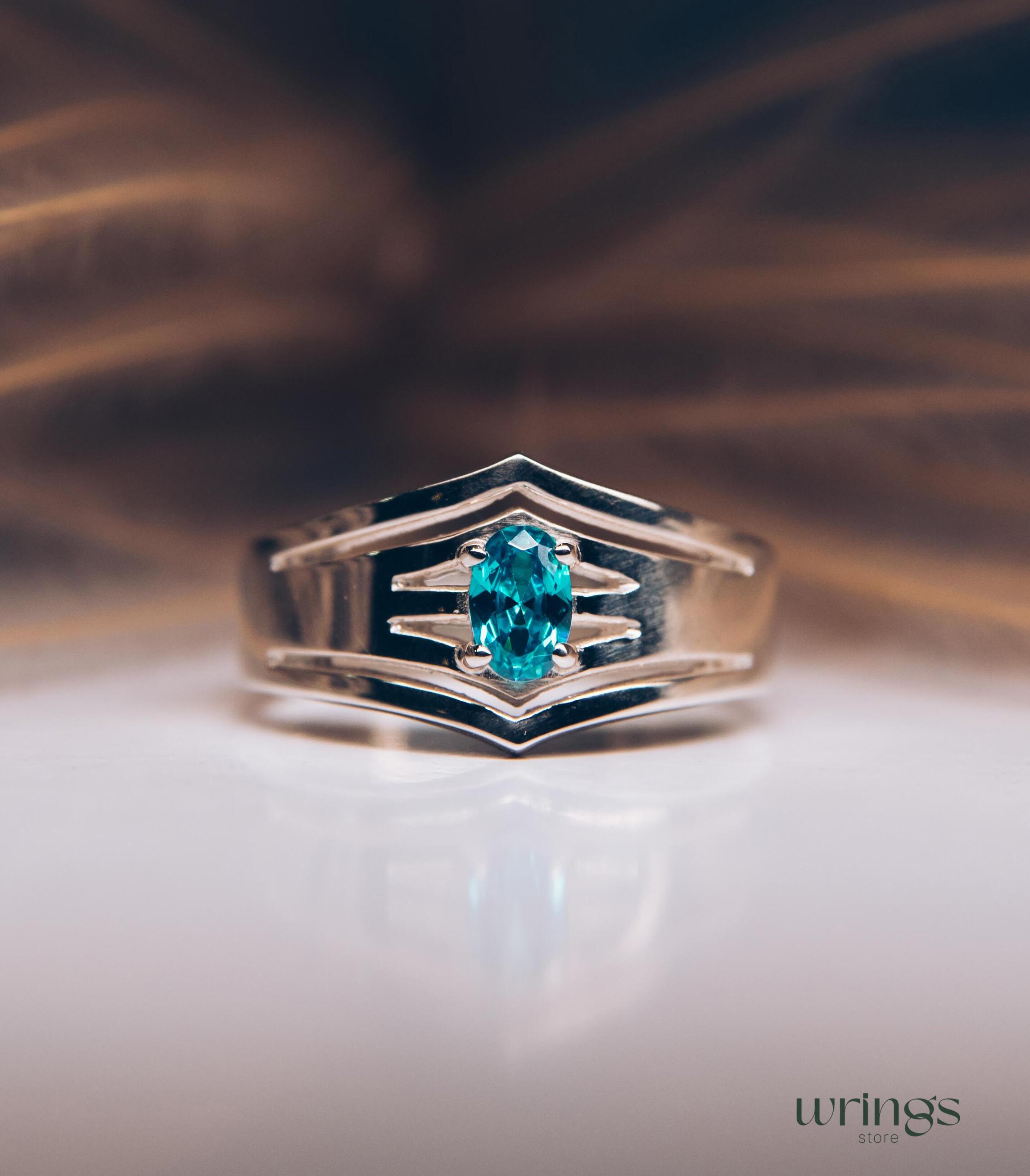 Double V-shaped Cocktail Oval Blue Topaz Ring Silver