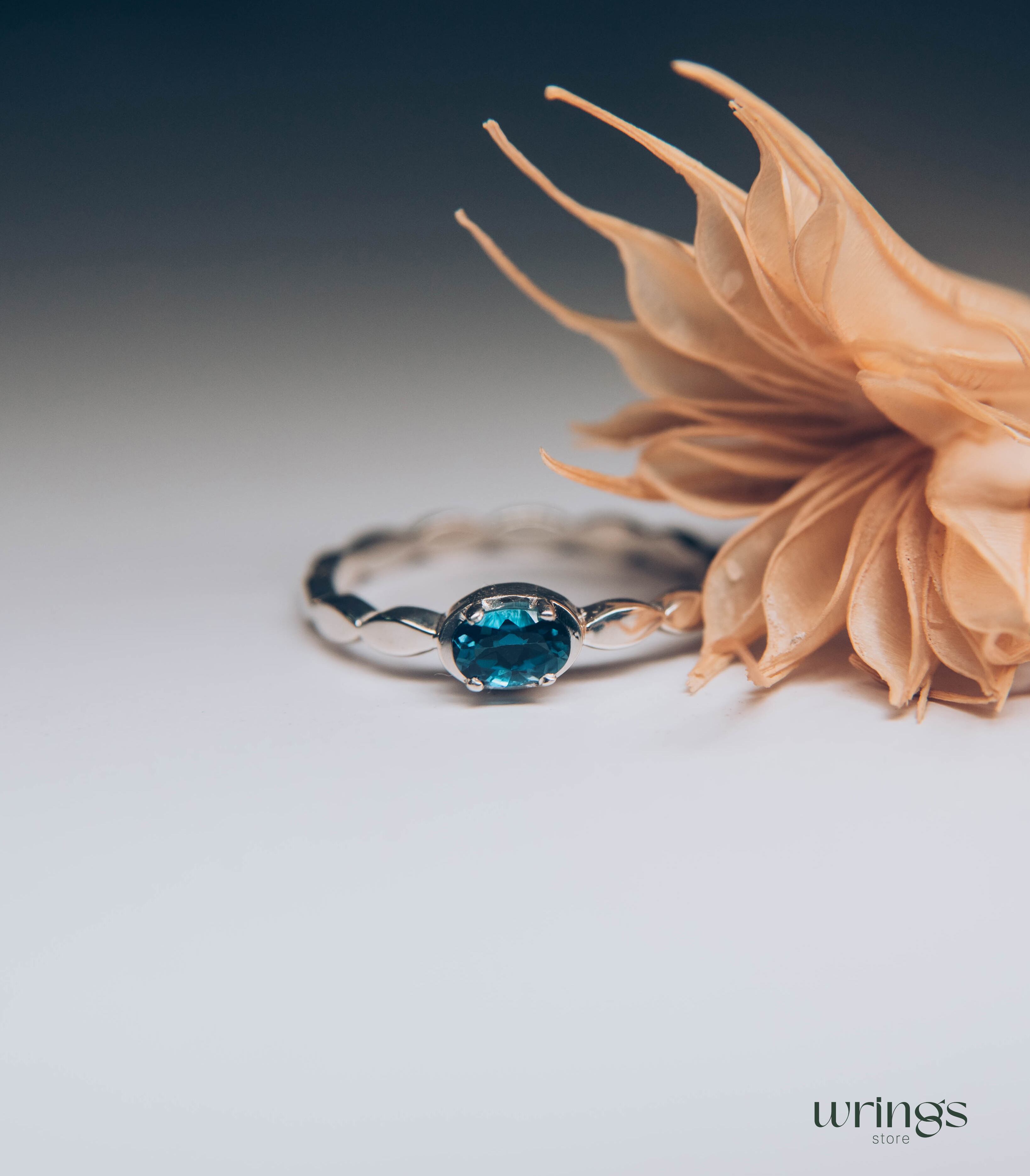 Oval London Blue Topaz Engagement Ring Beaded Band