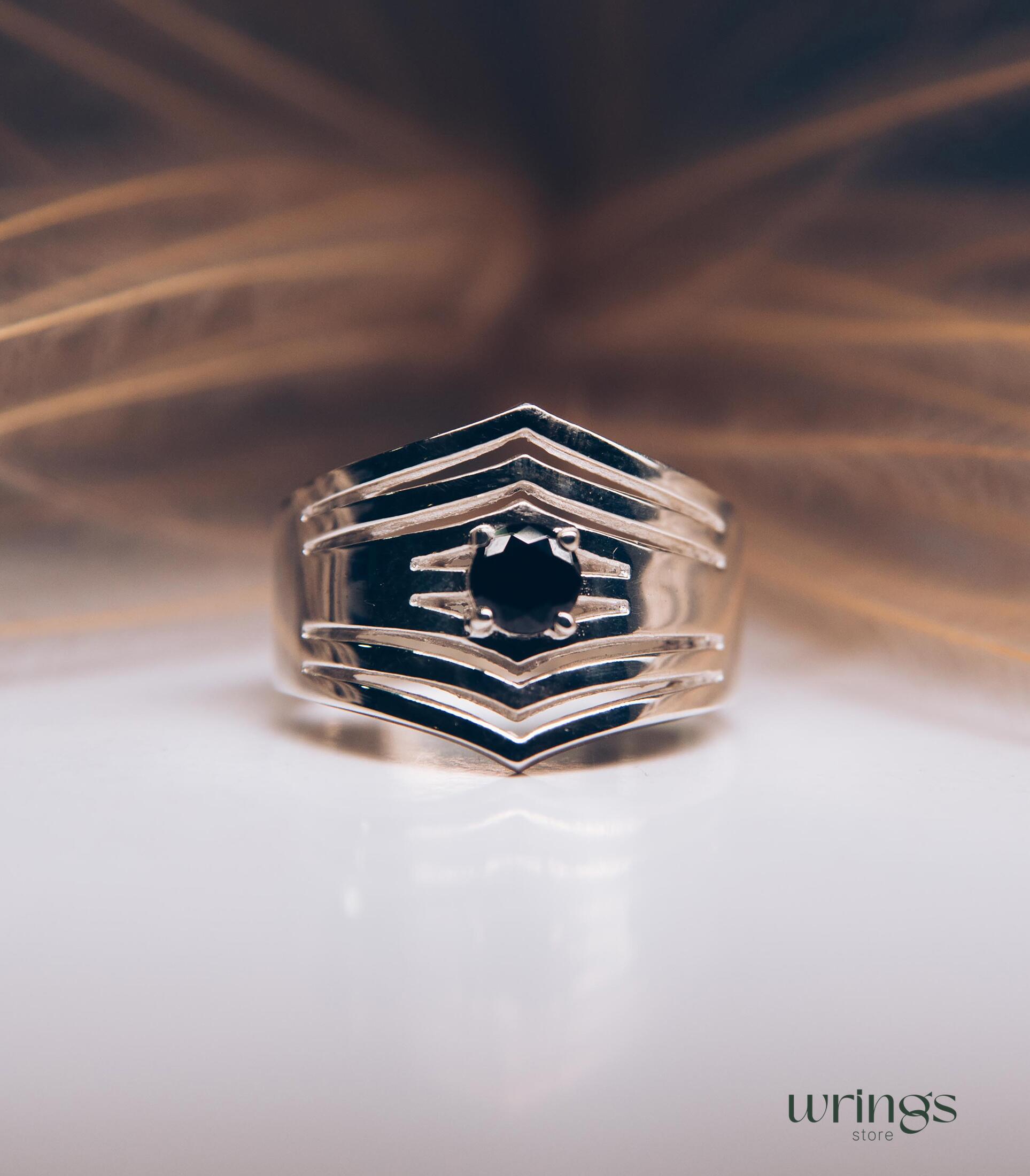 Extra Wide Silver Chevron Band Simulated Black Diamond