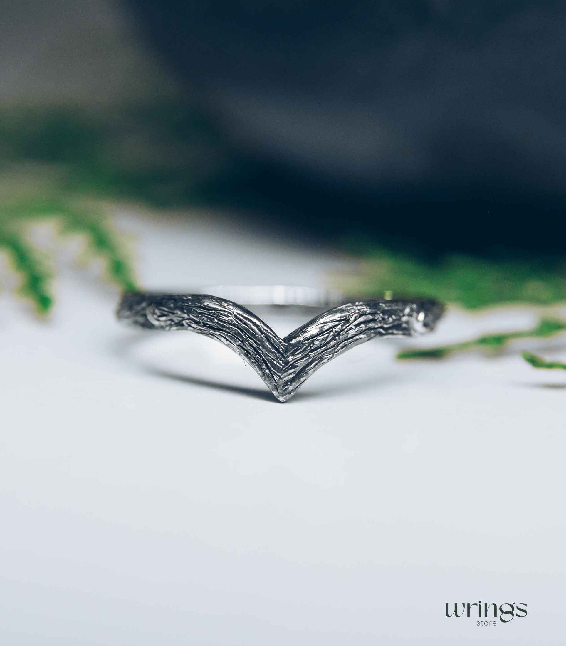 Tree bark Silver Simple Chevron Wedding Band
