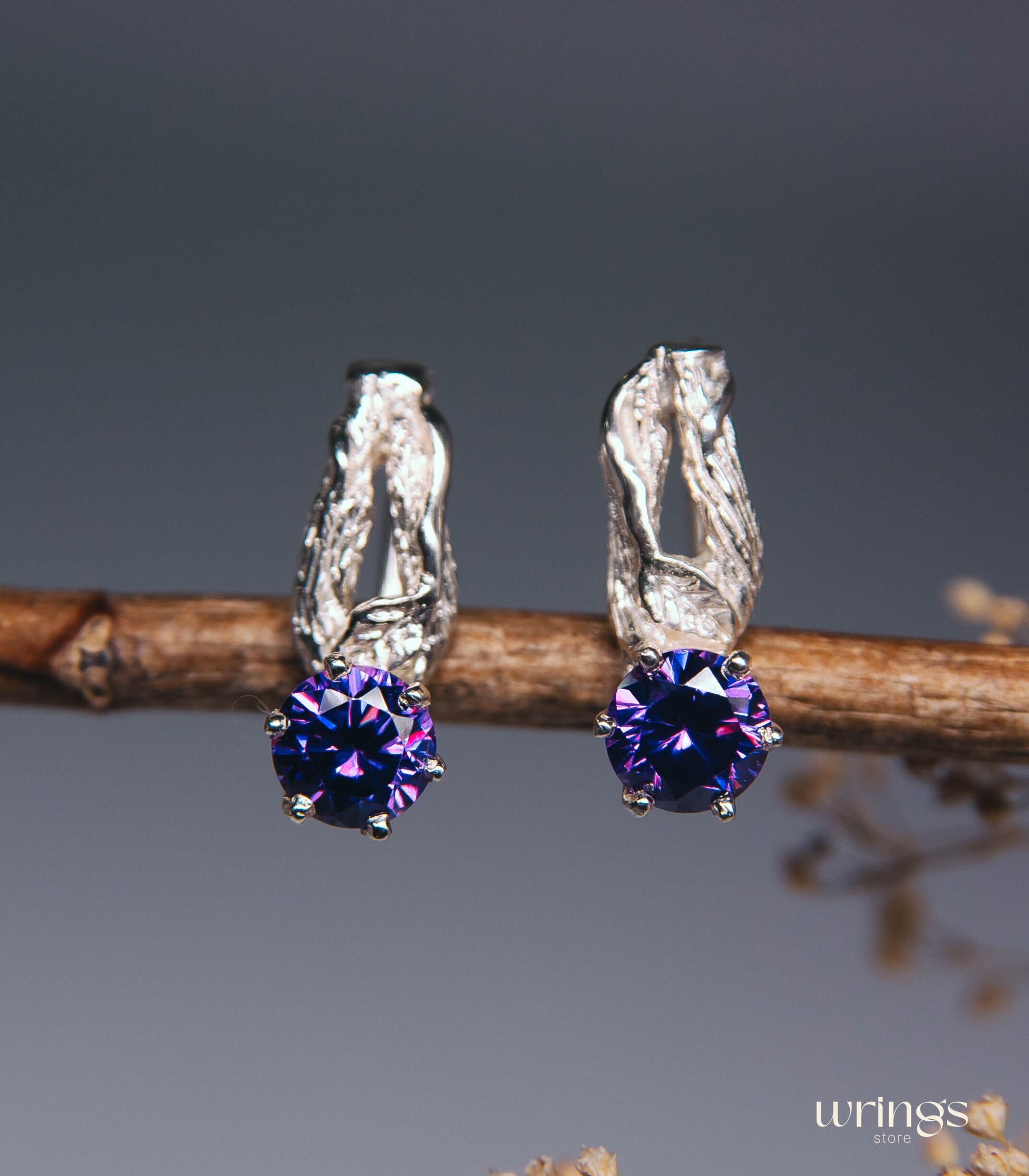 Amethyst Earrings Nature inspired Branch & Leaf Silver