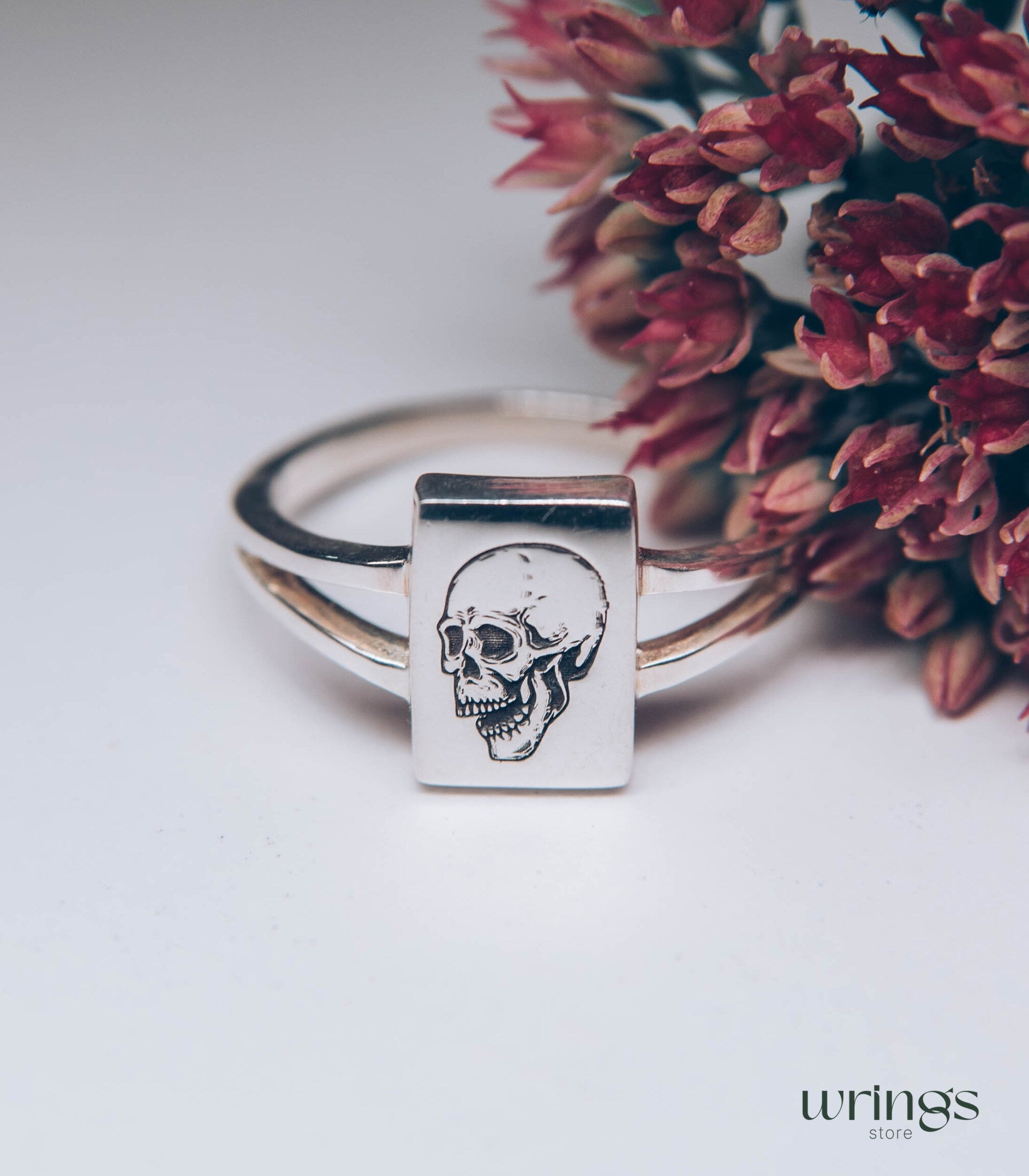 Engraved Skull Signet Ring Sterling Silver Goth Style