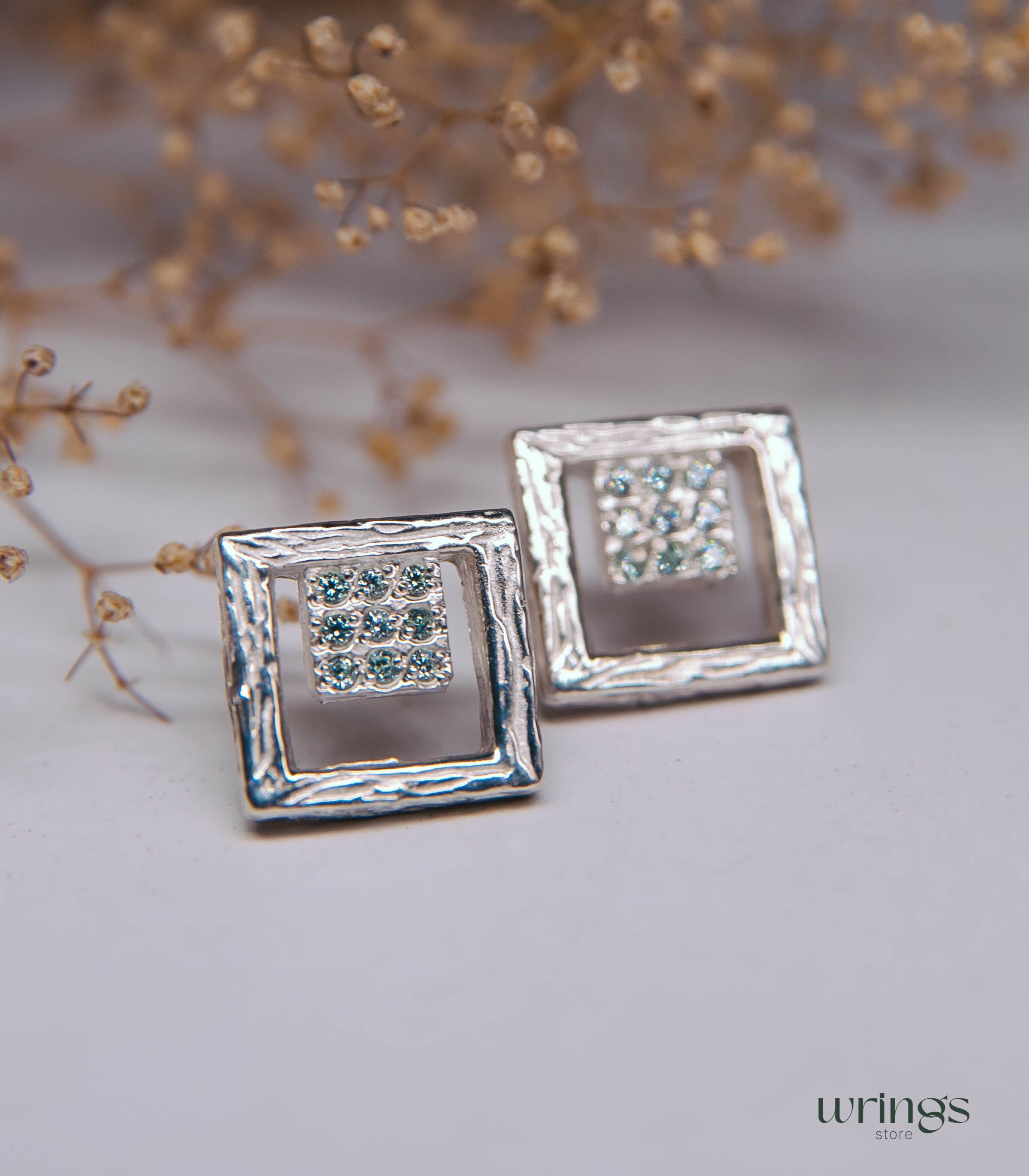 Open Square Shape Tree Silver Stud Earrings with Topaz