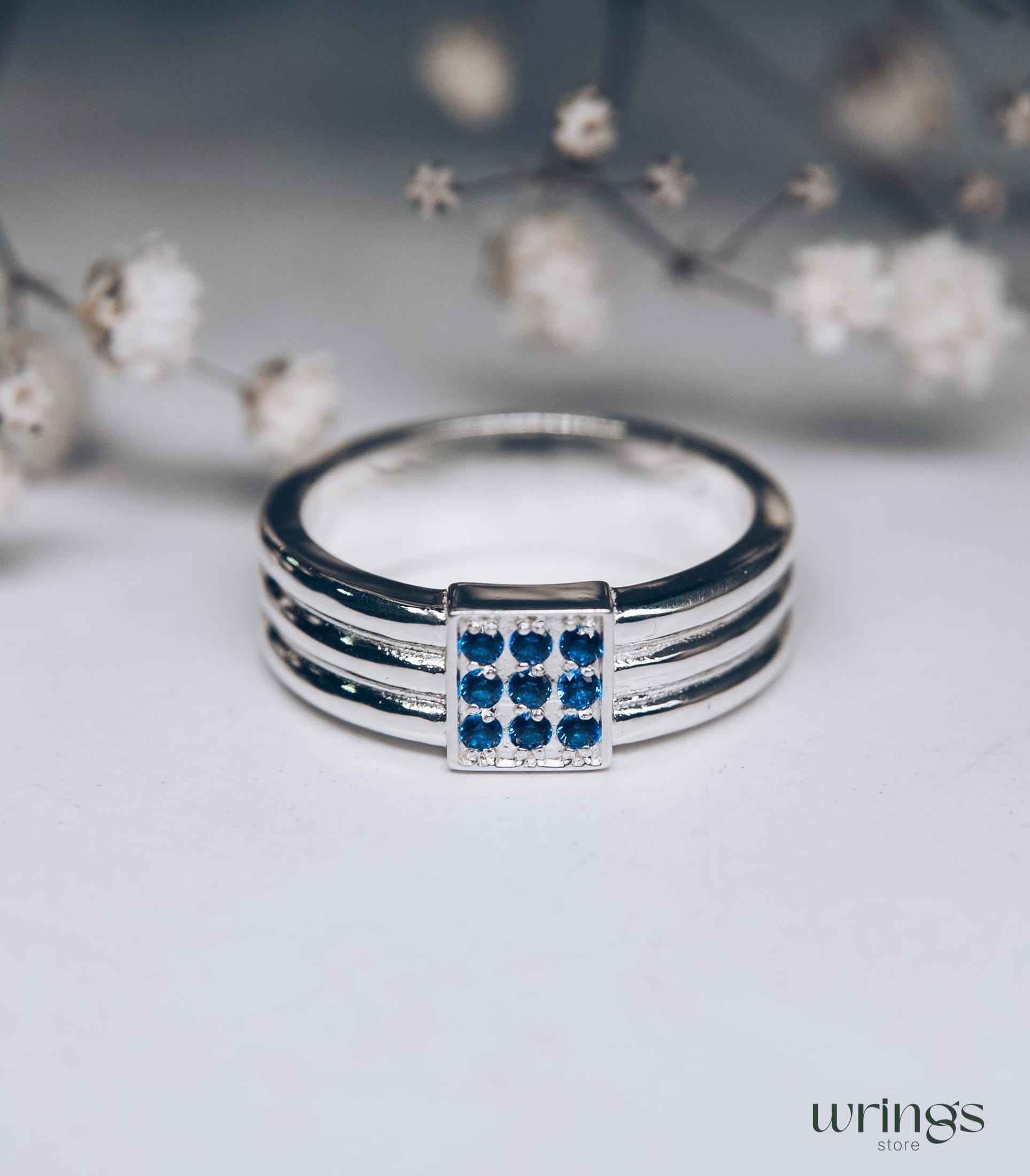 Thick Silver Wedding Band with Natural Blue Sapphires
