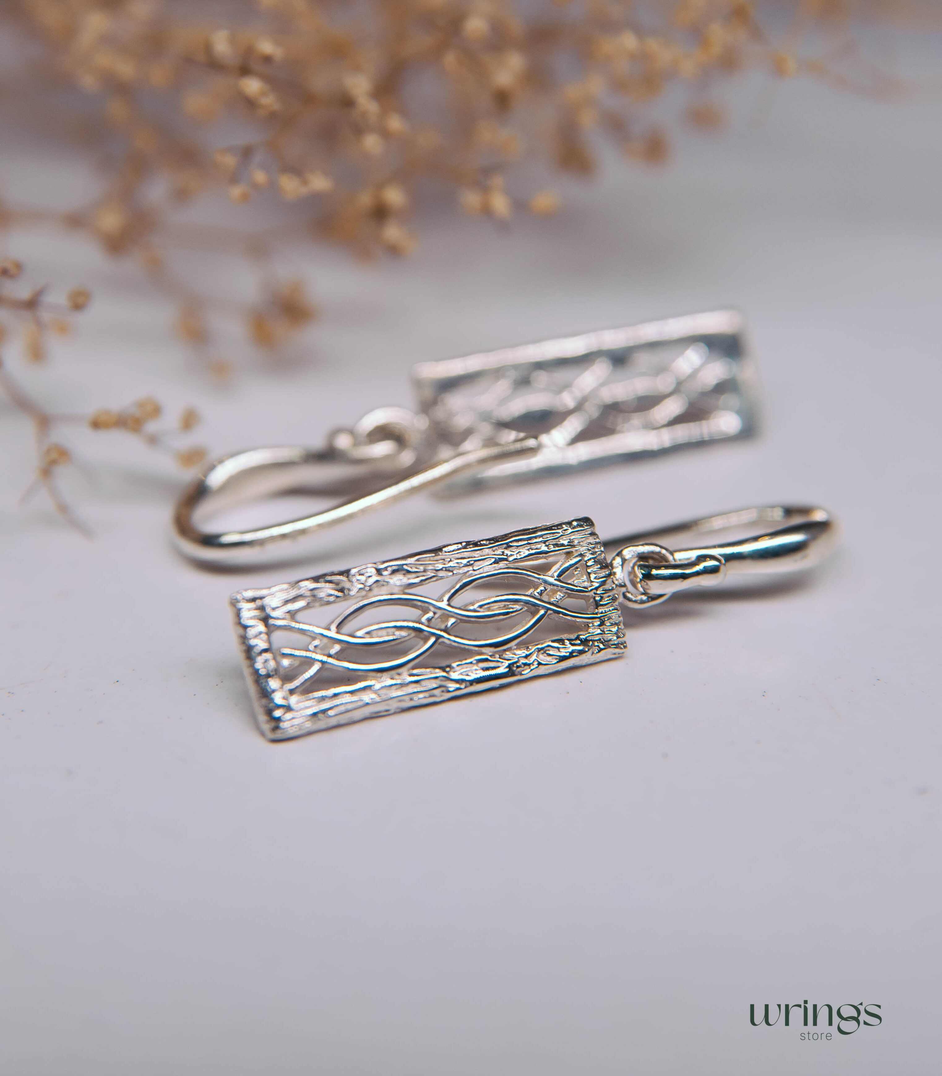 Infinity Knot Silver Drop Earrings Wood Bark Shape