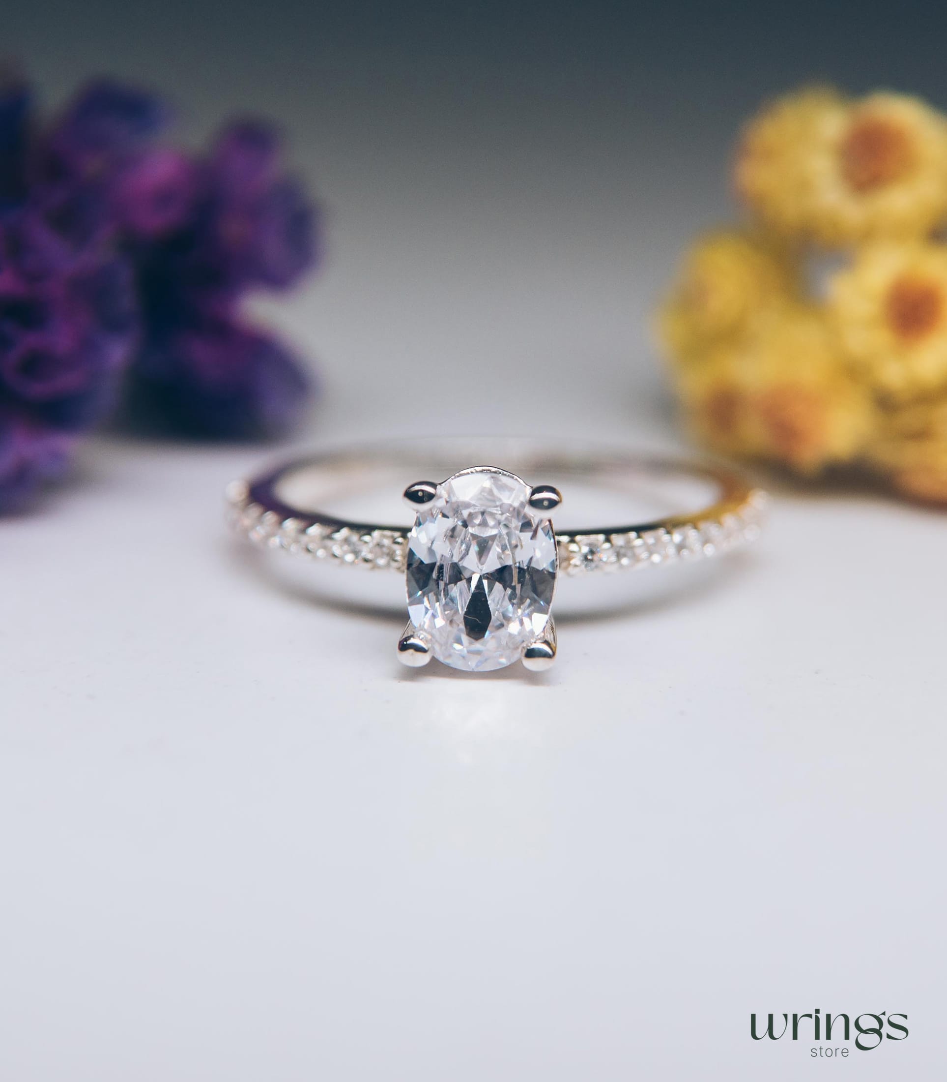 Large Oval Diamond CZ Engagement Ring Pave Side Stones