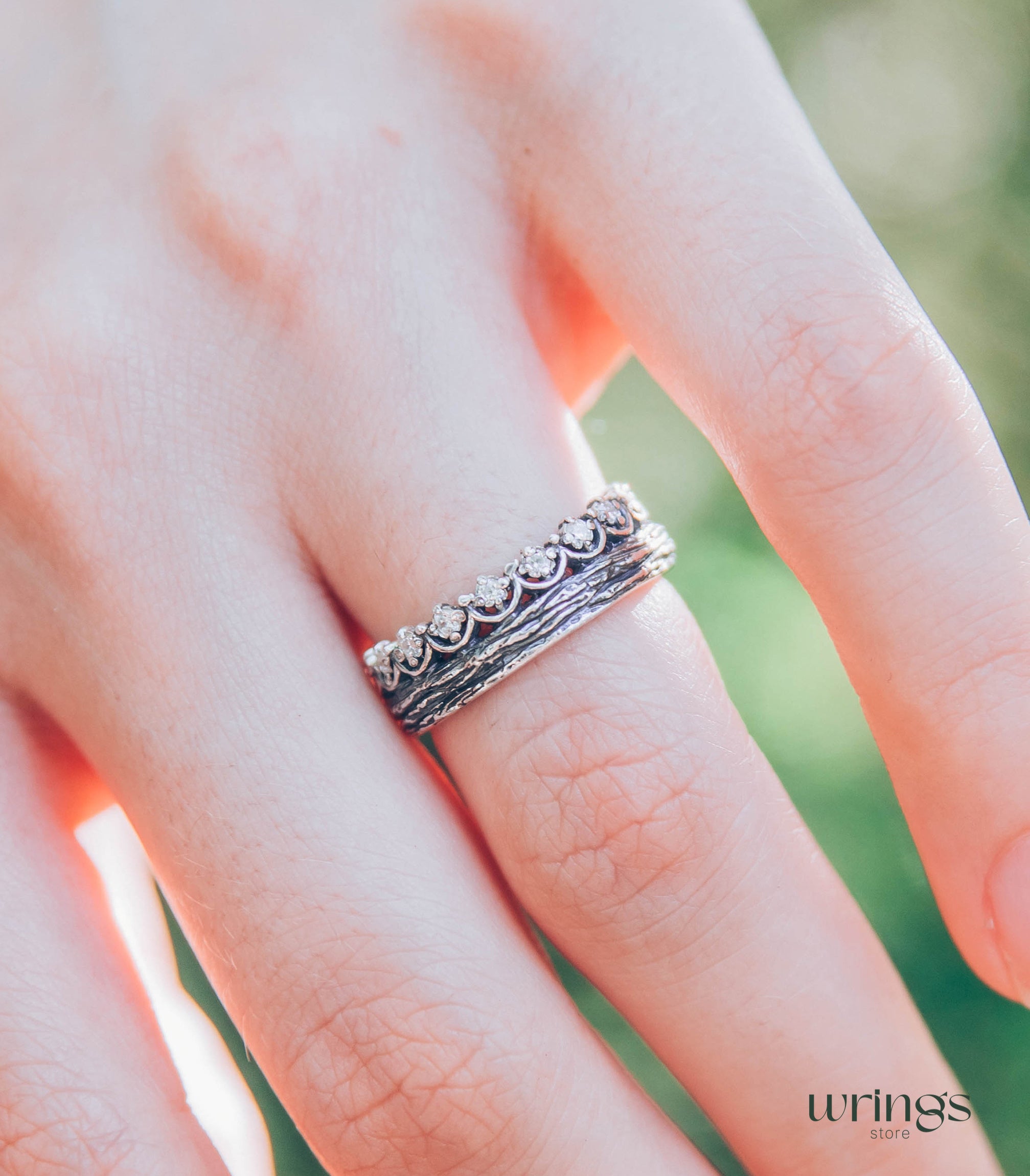 Princess Crown Wedding Ring with Gems & Twig Silver Band