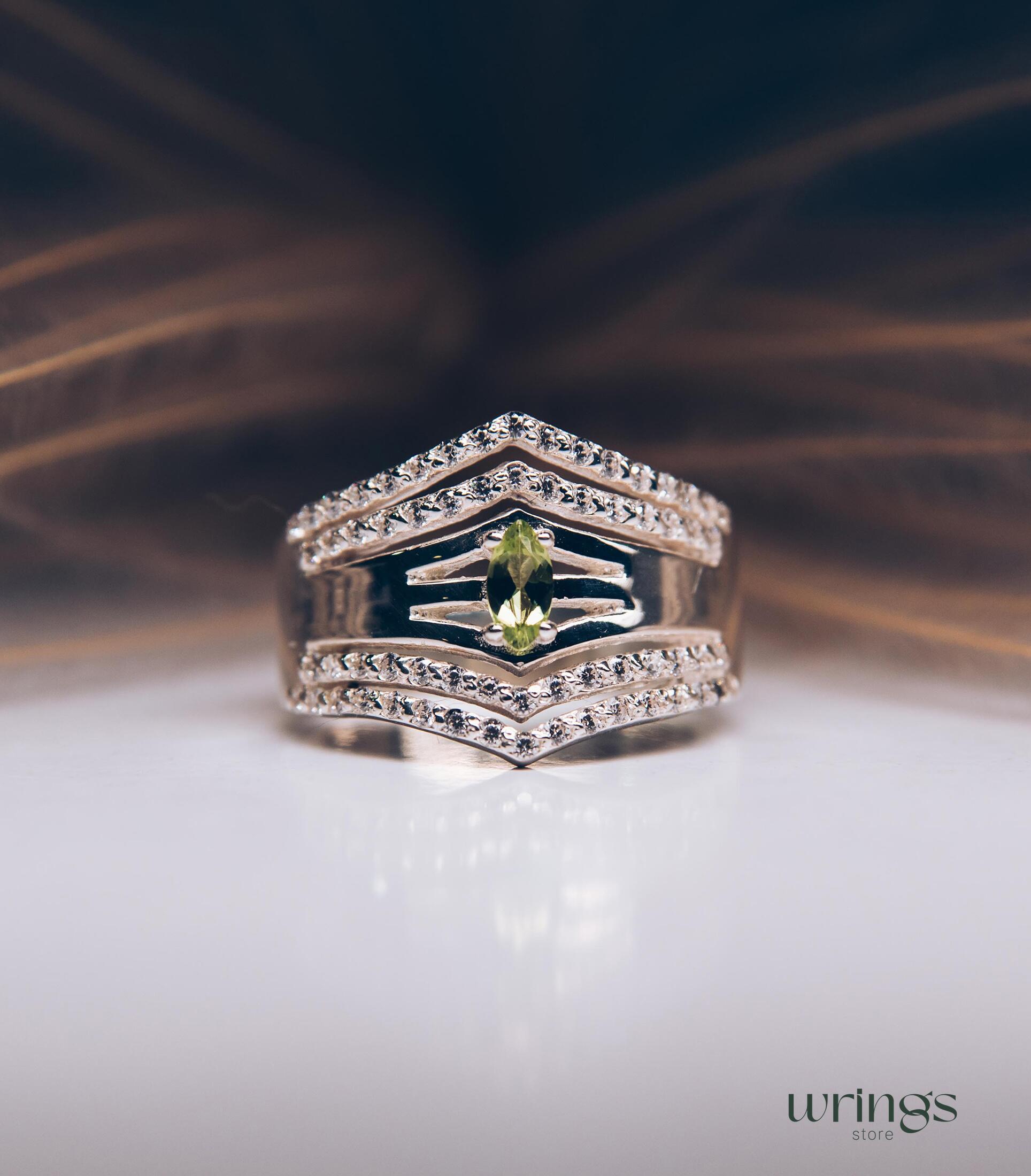 Wide Double Chevron Statement Ring Peridot & Diamonds