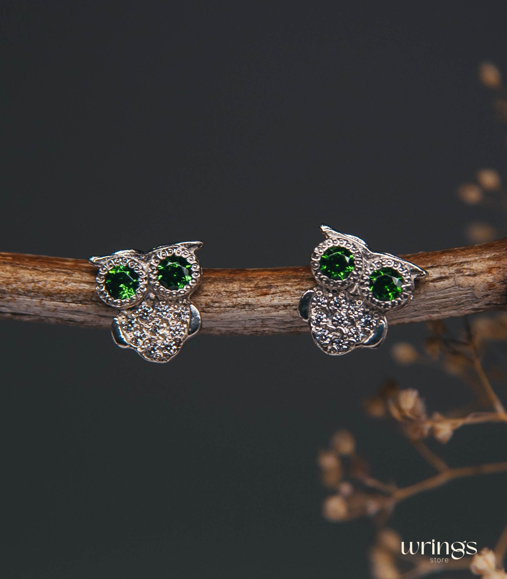 Emerald Eyes Owl Stud Earrings Silver with White Stones