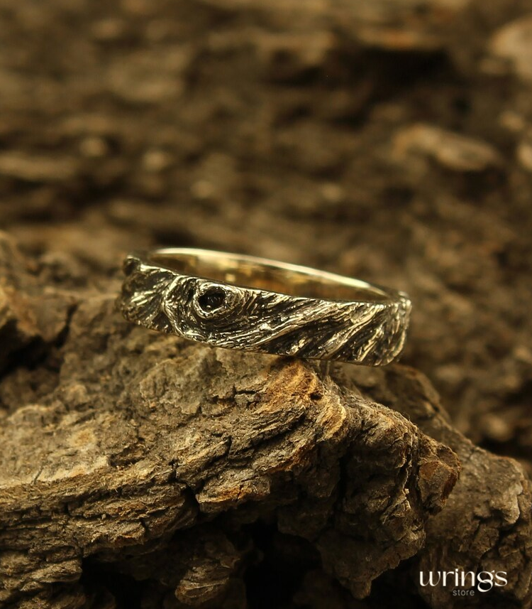 White Gold Wood Design Earthy Wedding Band Rustic Style